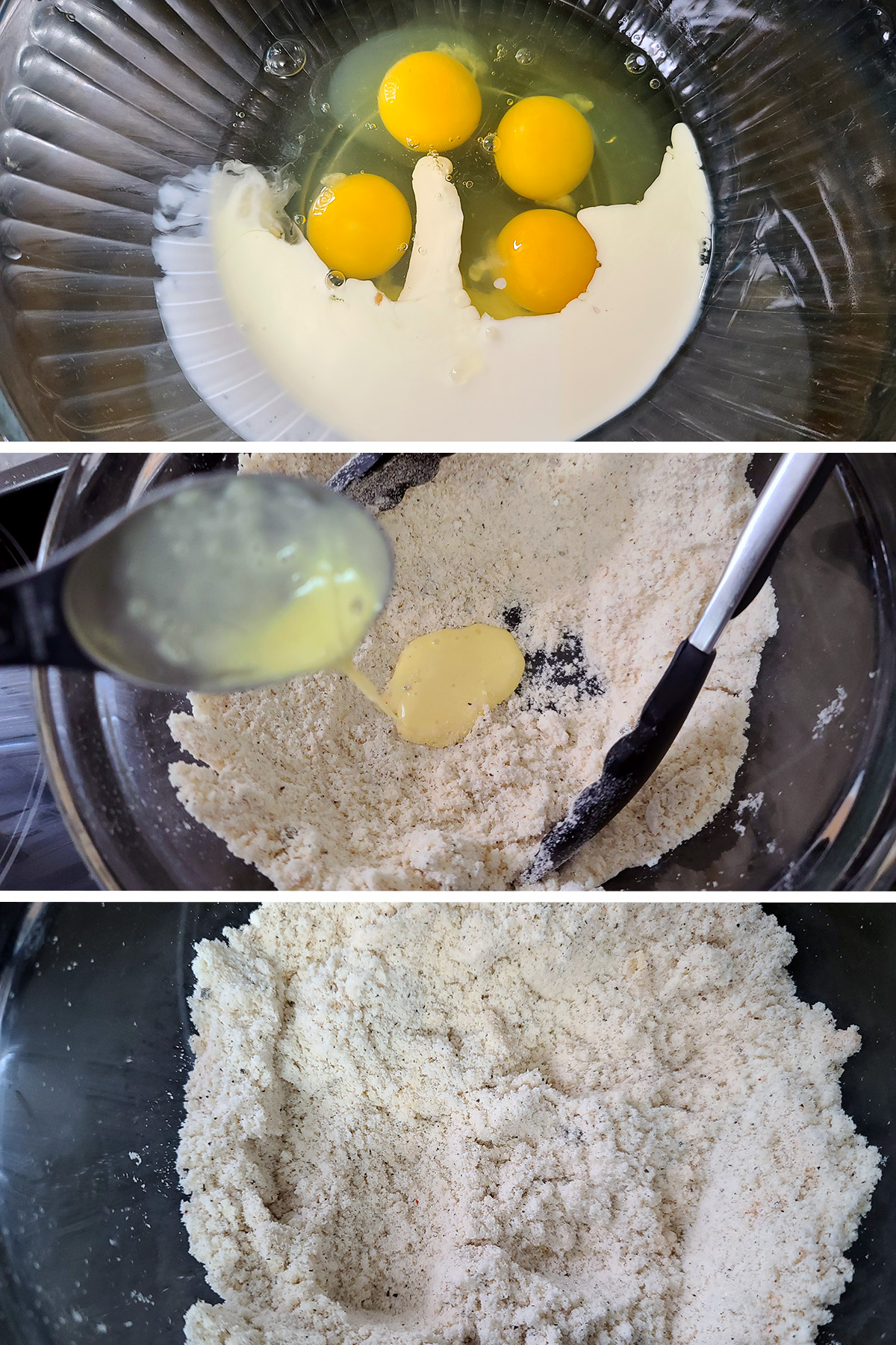 A 3 part image showing a bit of the egg mix being added to the dry mix and crumbled.
