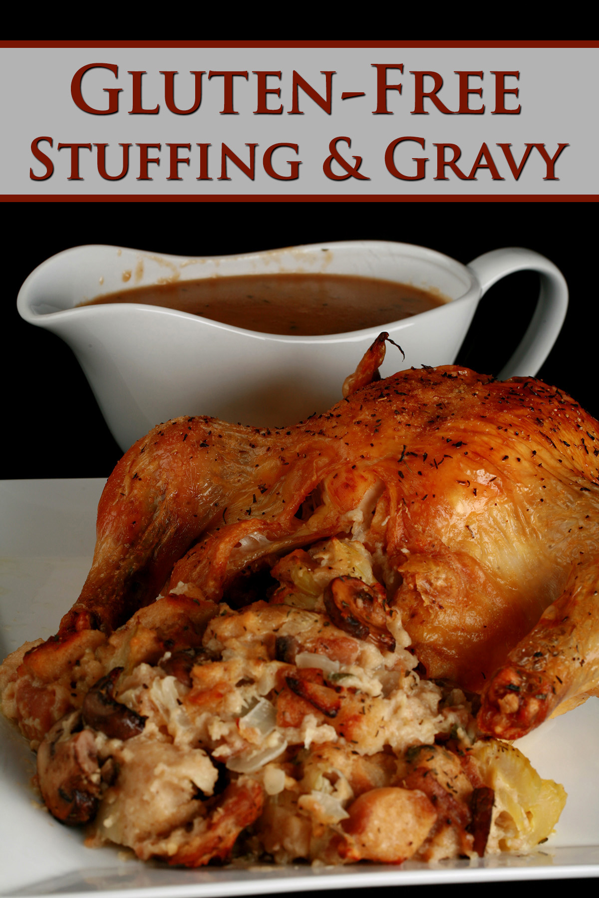 A small roasted turkey on a platter, with gluten-free stuffing spilling out from it. There is a gravy boat with gluten-free gravy in it, next to the turkey.