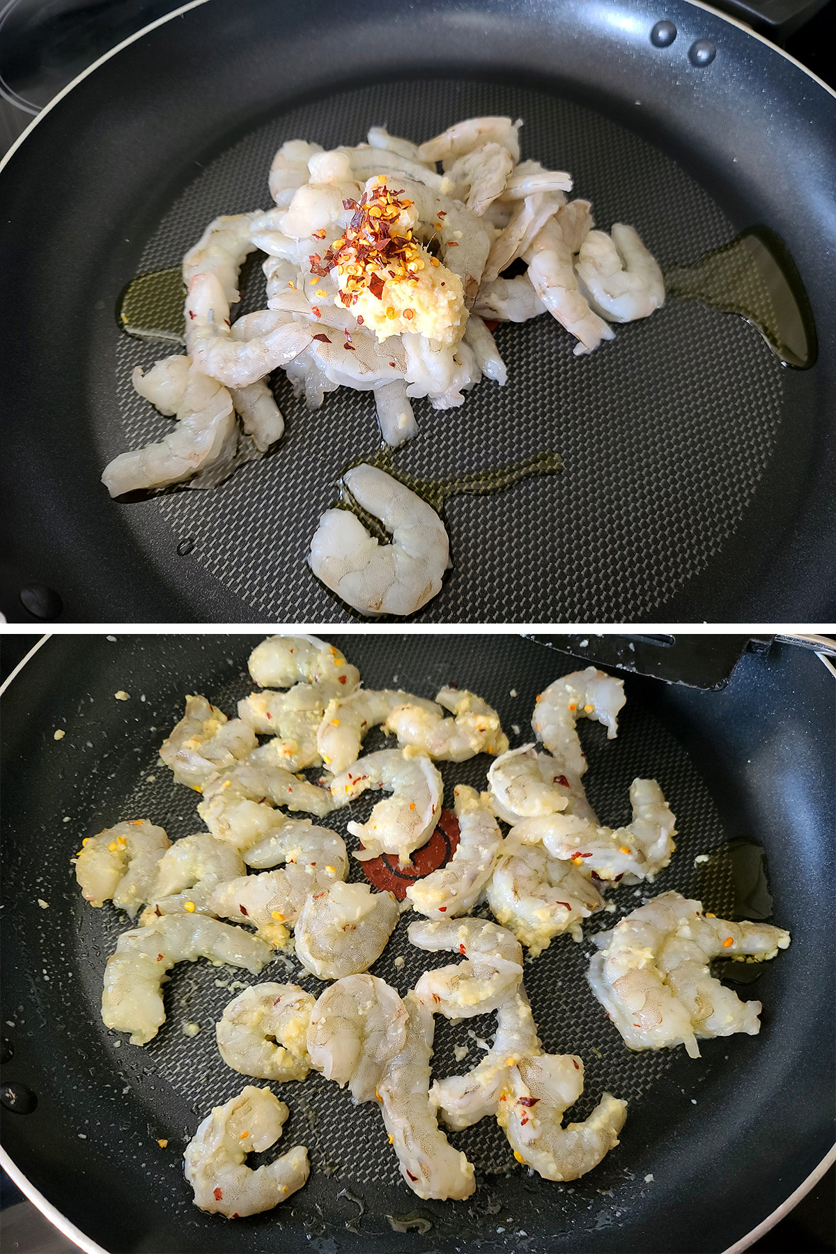 Shrimp cooking in a pan.