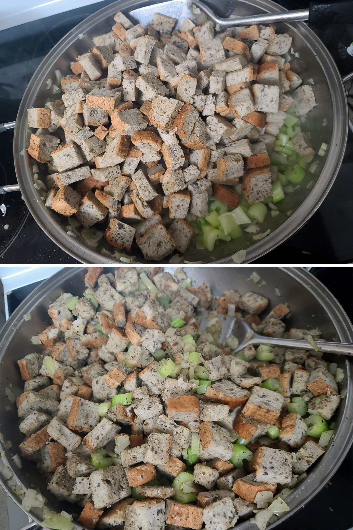 A 2 part image showing seasoned bread cubes being added to the vegetable and butter mixture.