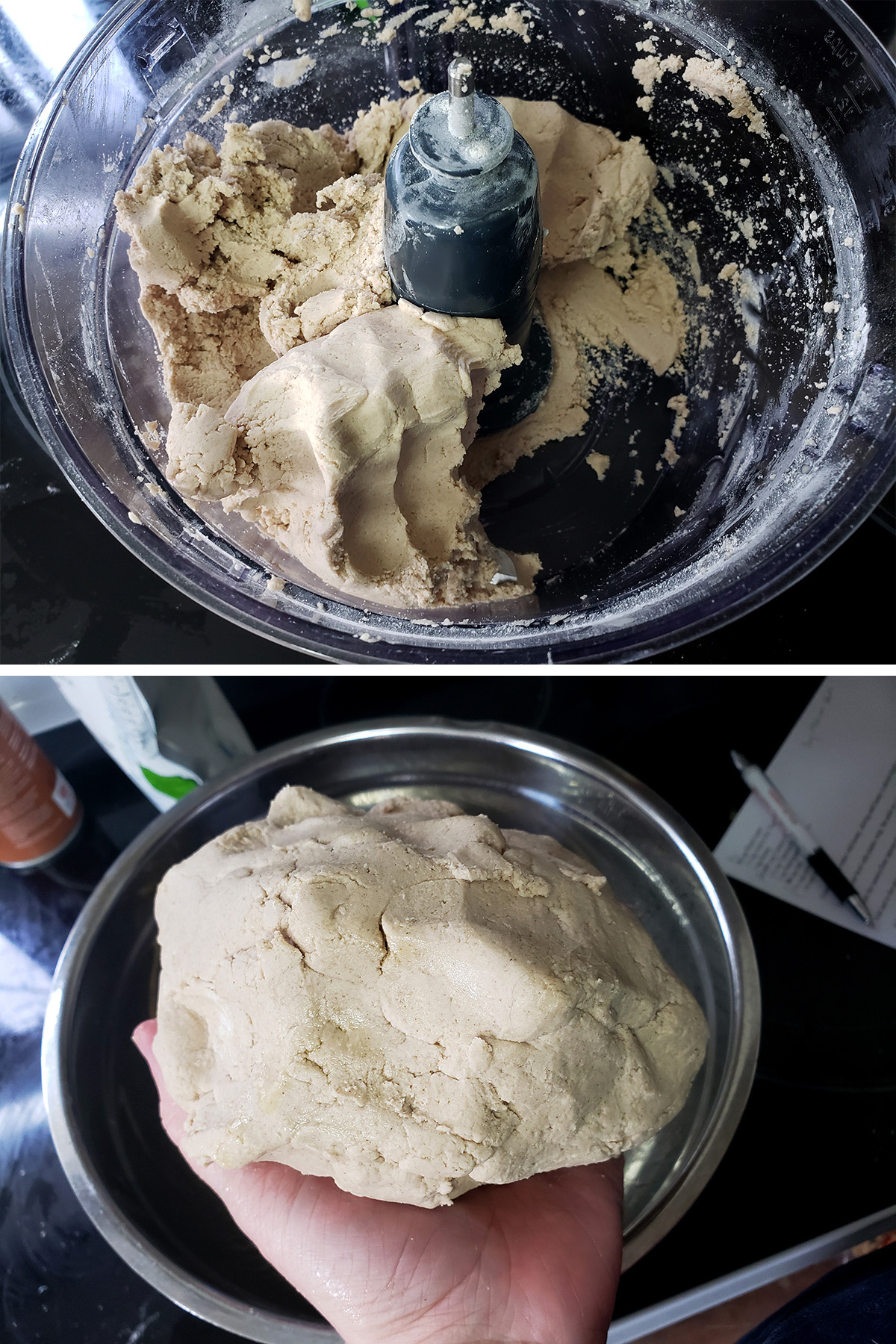 Cassava flour dough being made in a food processor, then held in a hand.