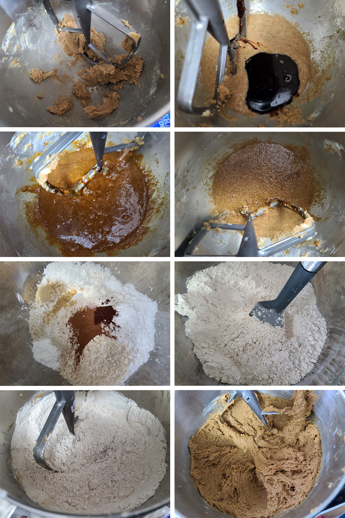 An 8 part image showing the ingredients forming the gingerbread dough.