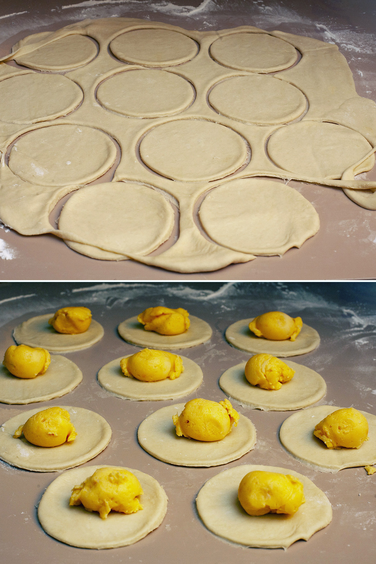 A two part image showing dough rolled out and having circles cut from it, then those circles each topped with a round of cheesy potato filling.