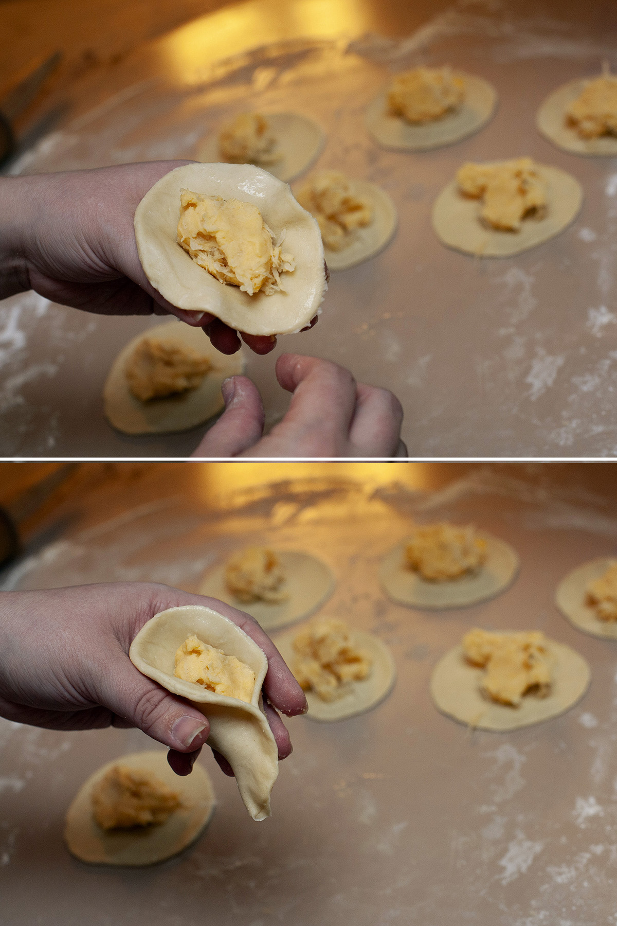 A two part image showing a gluten free pierogi being formed, as described.