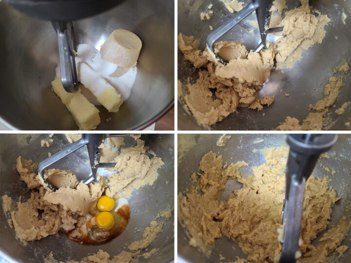 A 4 part image showing the butter, sugars, and eggs being mixed together.