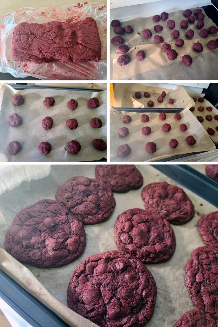 A 5 part image showing cookies being rolled from the chilled dough, arranged on baking sheets, and finally the finished cookies.