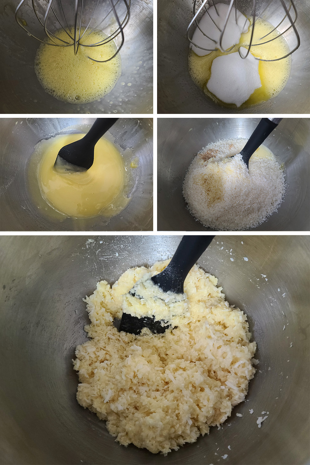 A 5 part image showing the coconut topping being made.