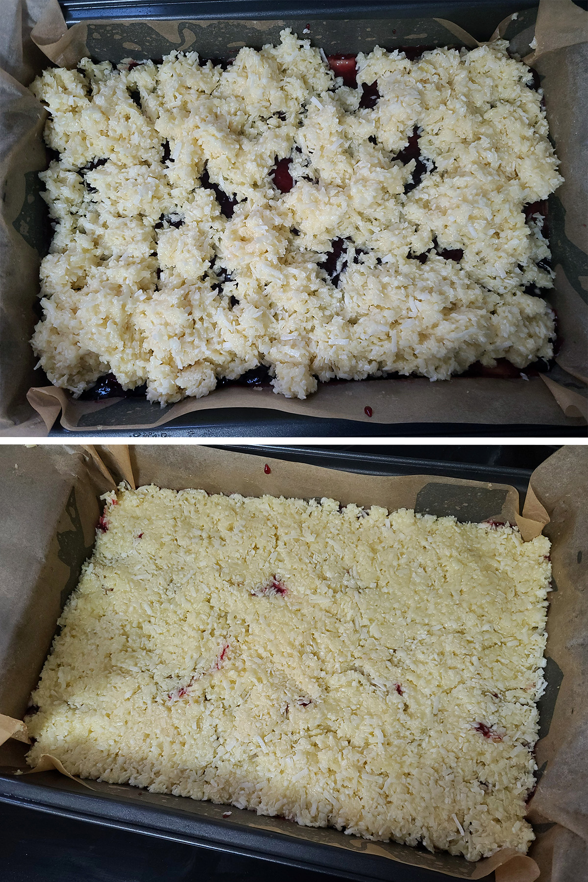 A 2 part image showing the coconut topping being spread out over the raspberry jam and flattened slightly.