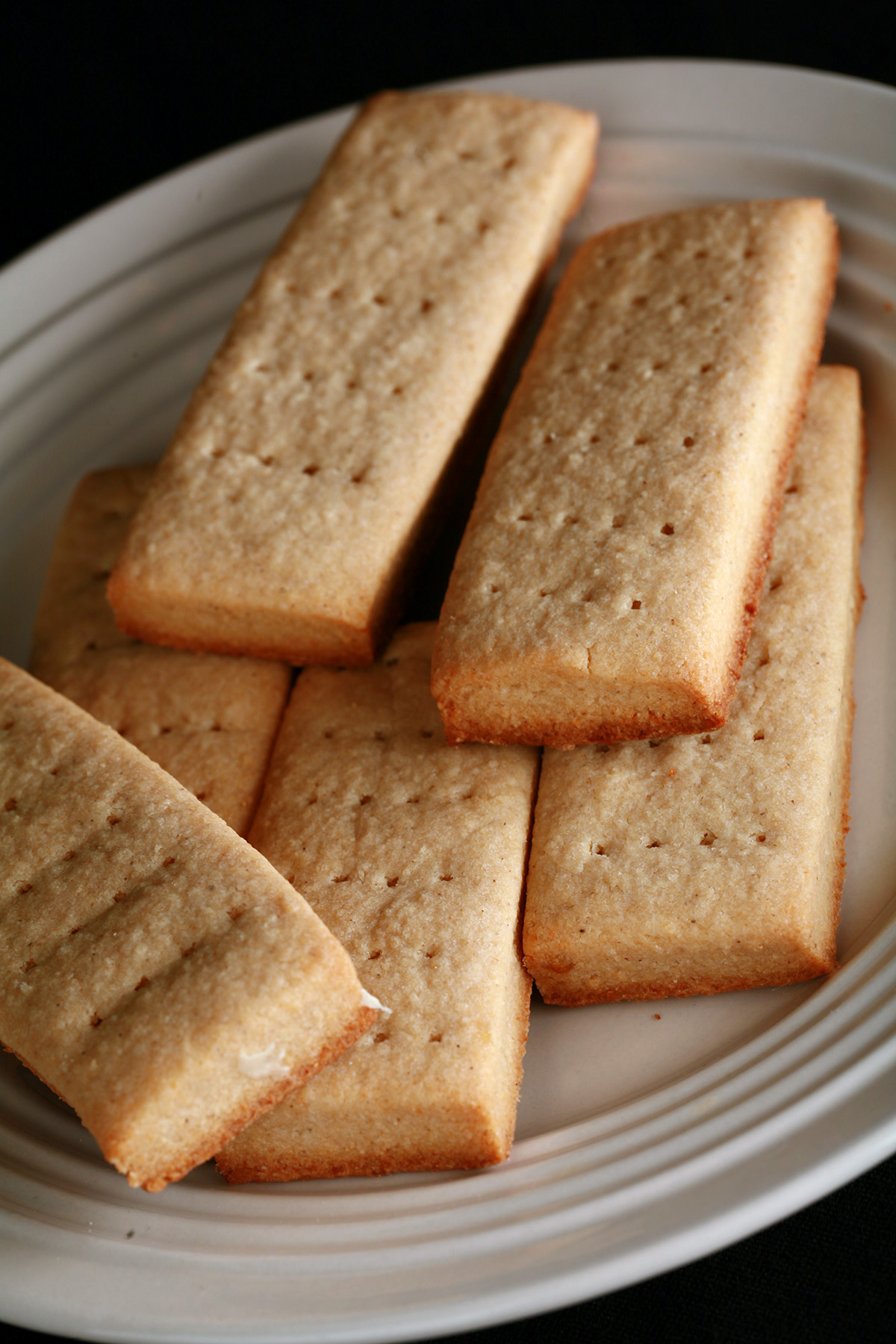 A plate of rectangular gluten-free shortbread cookies.