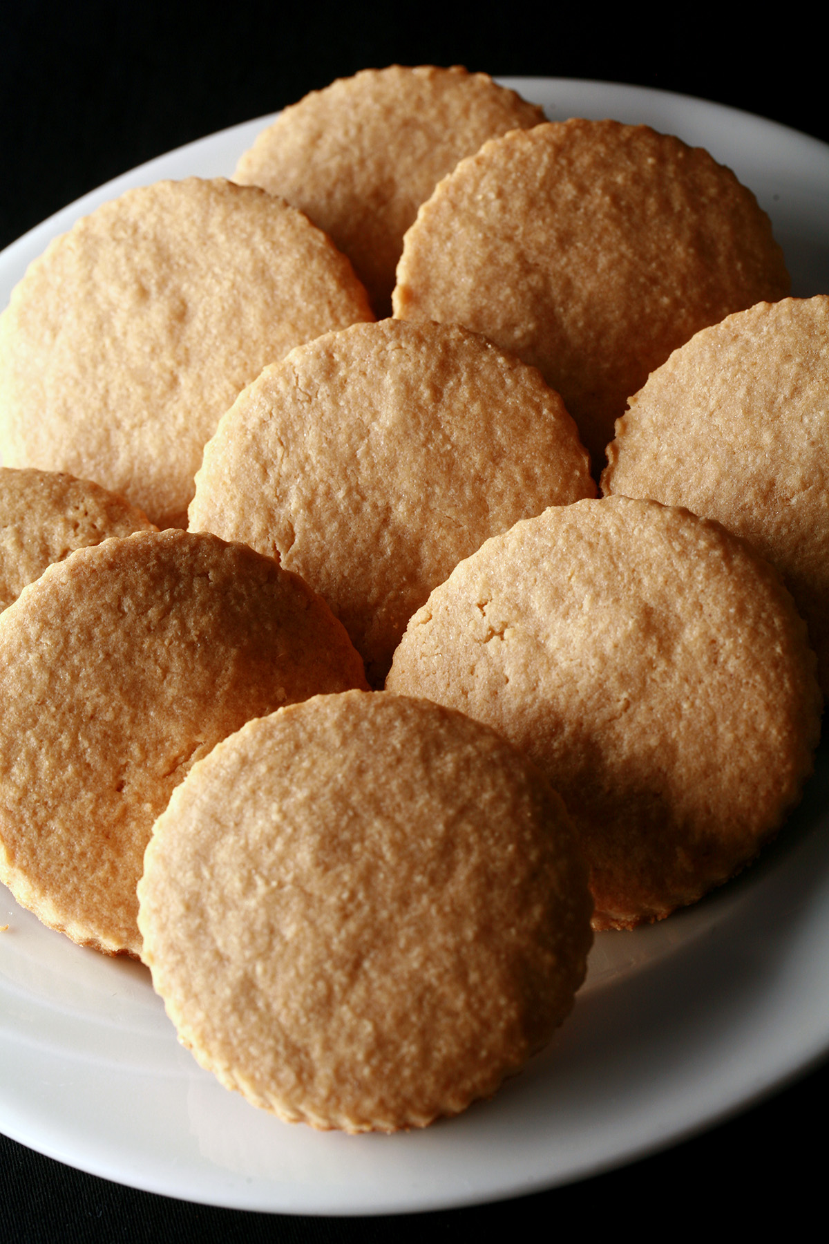 A plate of round gluten-free shortbread cookies.