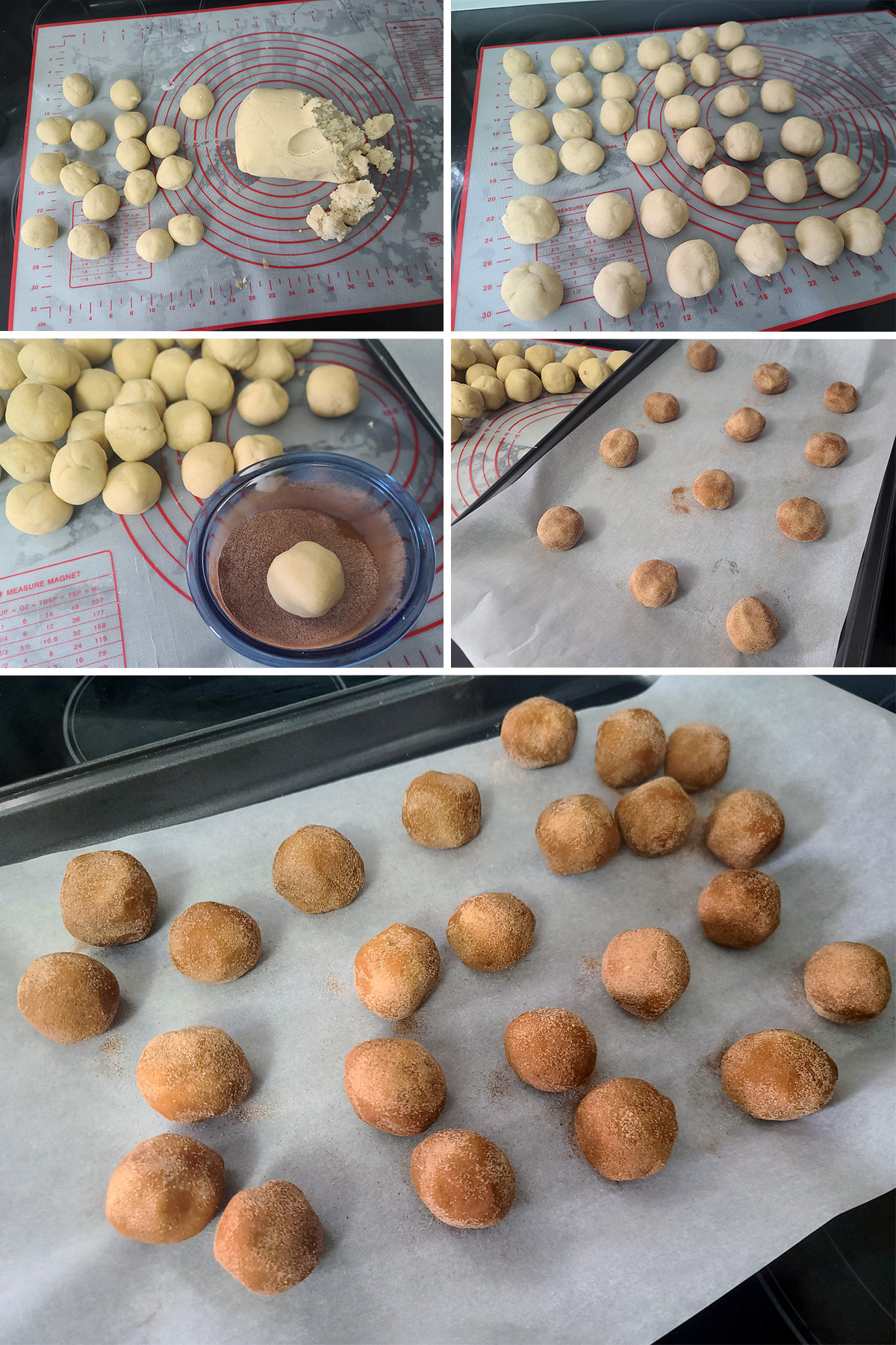 A 5 part image showing the cookie dough being rolled into balls and rolled in cinnamon sugar.