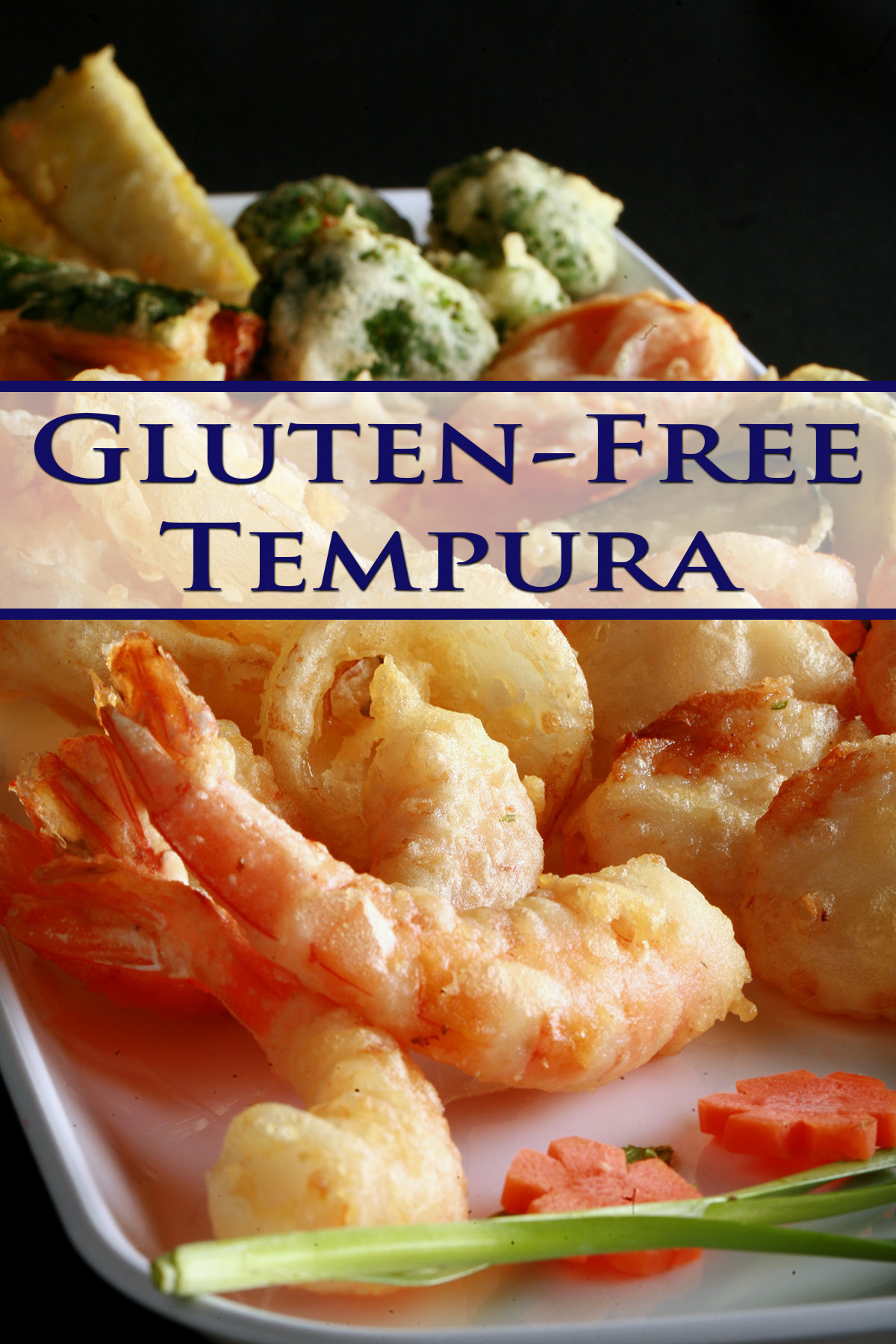 A tray of gluten free tempura shrimp and vegetables.