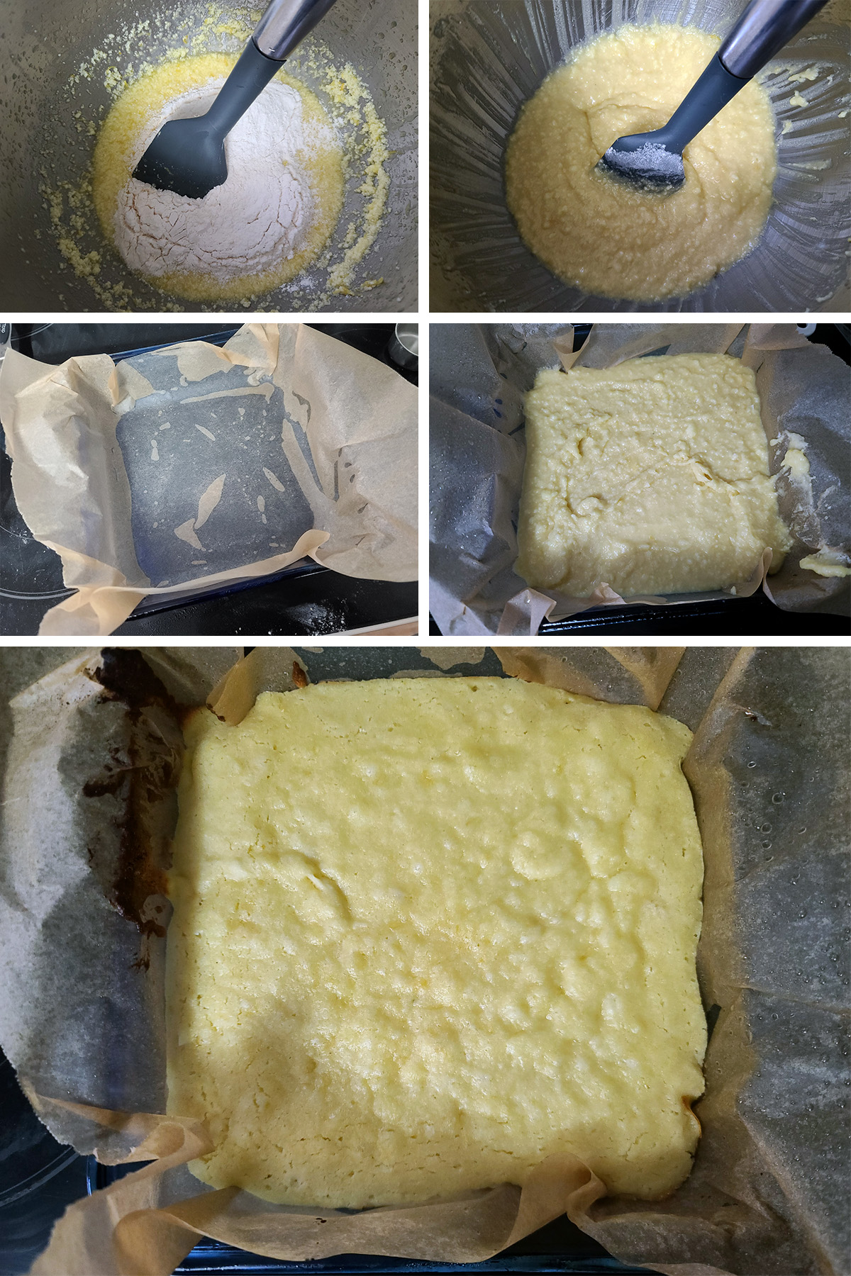 A 5 part image showing the pattern being spread into a pan and baked.