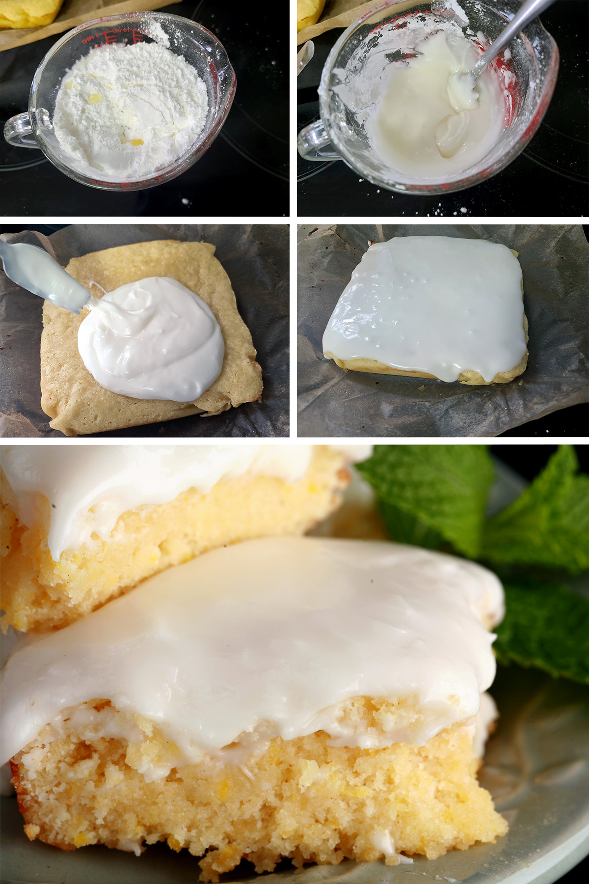 A 5 part image showing the frosting being mixed and spread on the gluten free lemon bars.