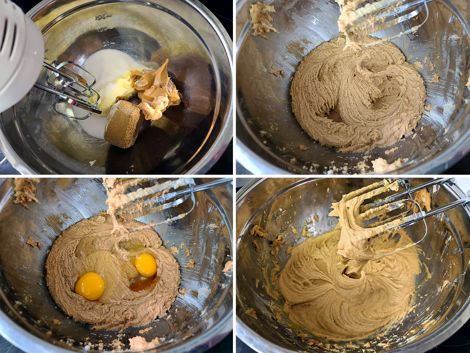 A 4 part image showing the wet ingredients being creamed and mixed.