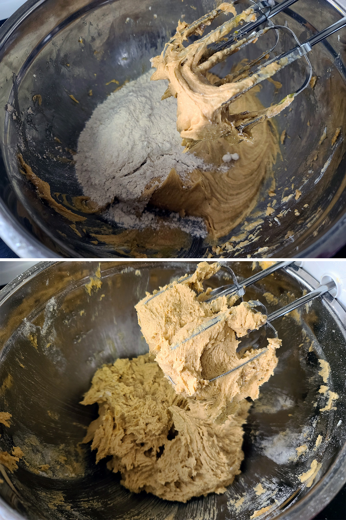 A 2 part image showing the dry ingredients being mixed into the wet ingredients.