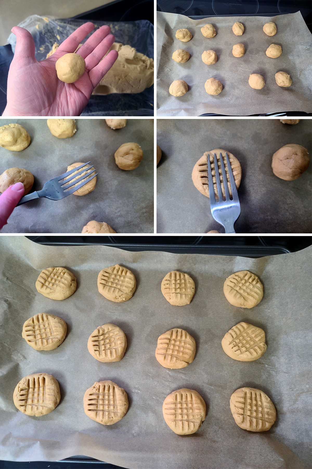 A 5 part image showing the gluten-free peanut butter cookies being rolled and pressed with a fork.