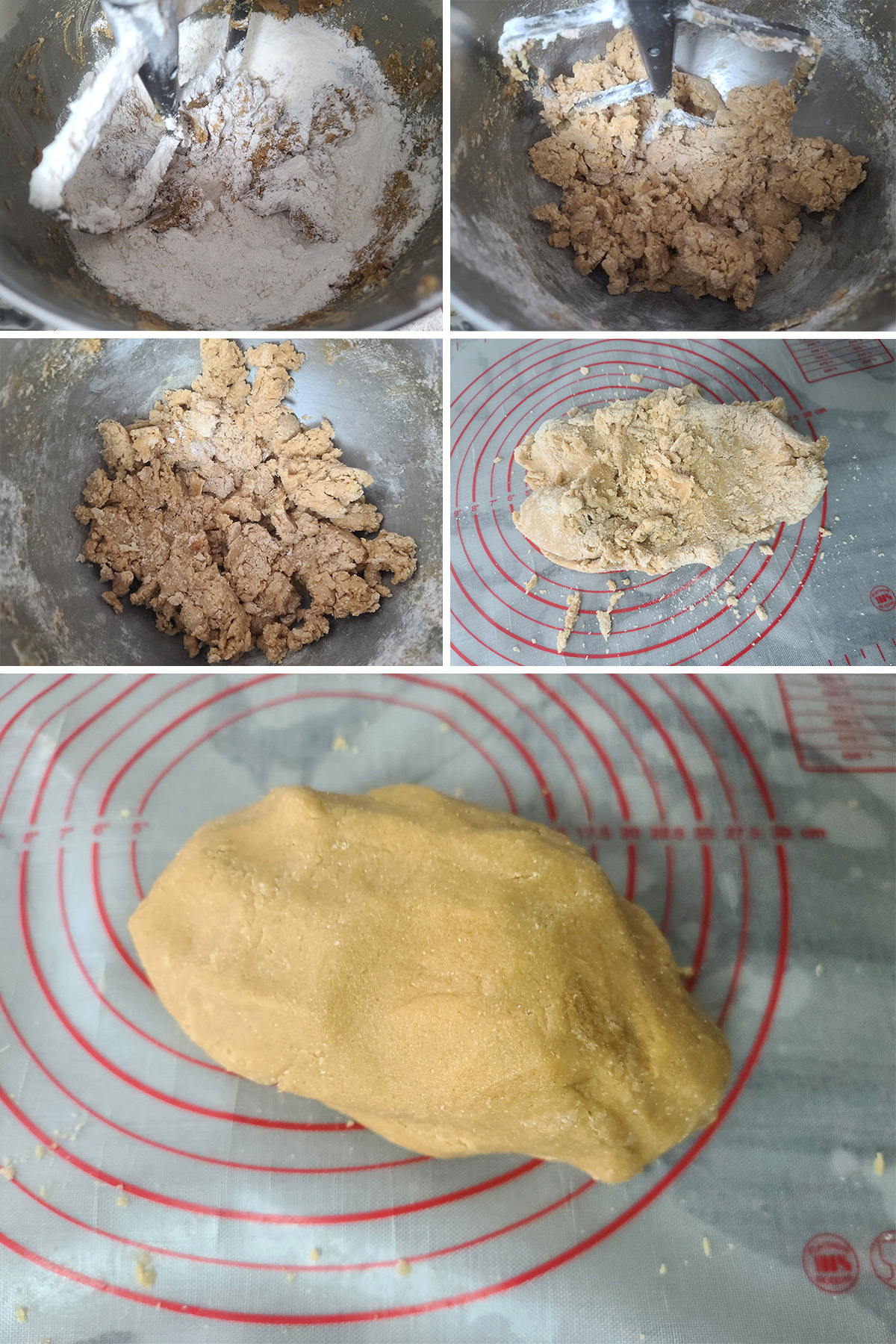 A 5 part image showing the dry ingredients being added to the mixer bowl and combined to make gluten free shortbread dough.