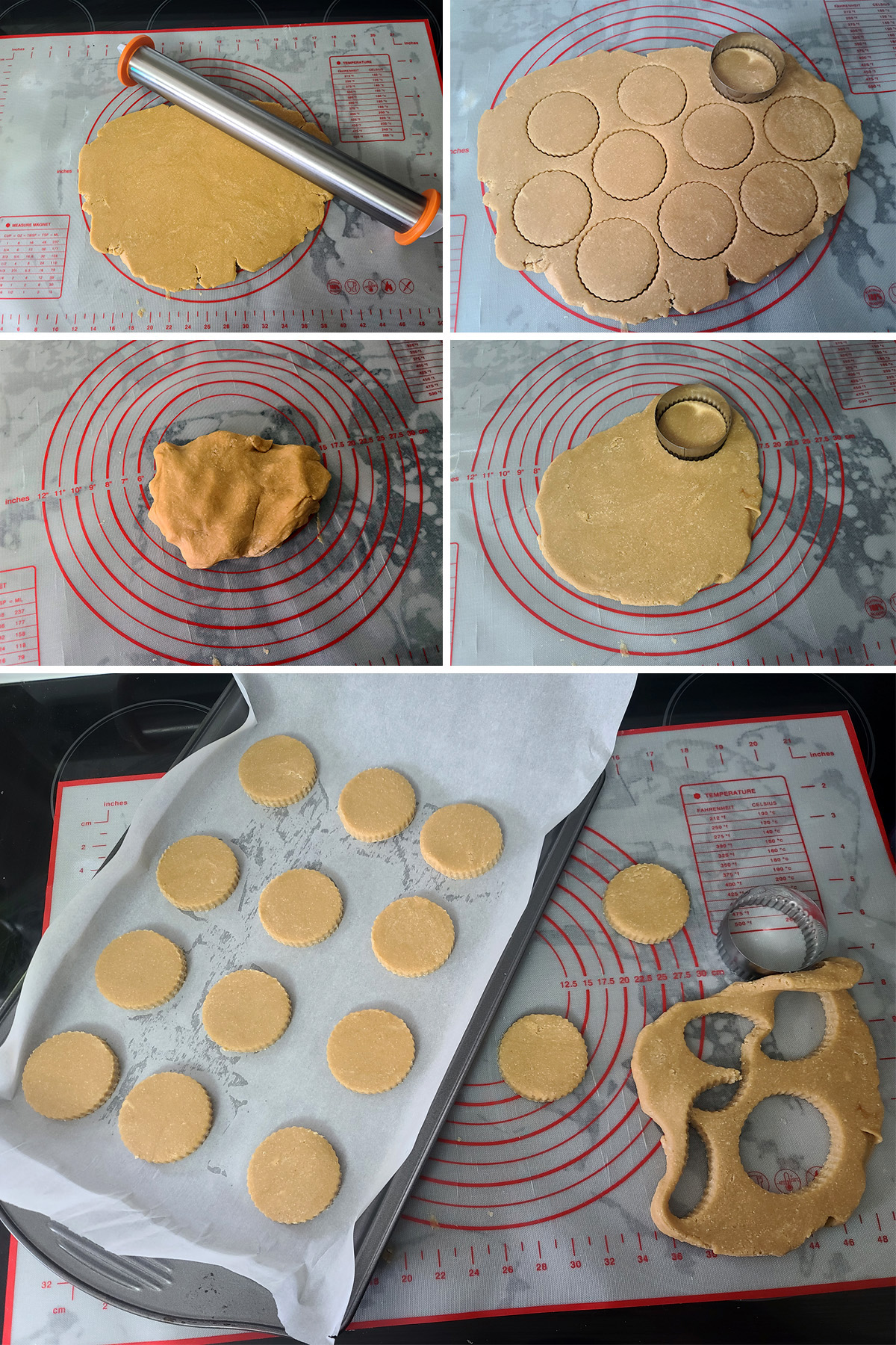 The gluten free shortbread cookie dough being rolled out, cut into rounds, and placed on a parchment lined baking sheet.