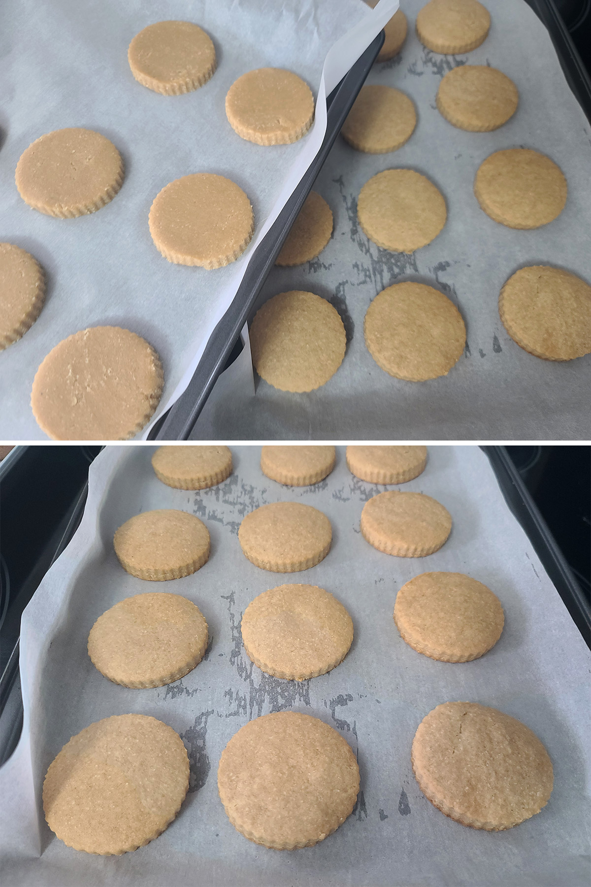 A 2 part image showing a pan of gluten free shortbread cookies, before and after being baked.