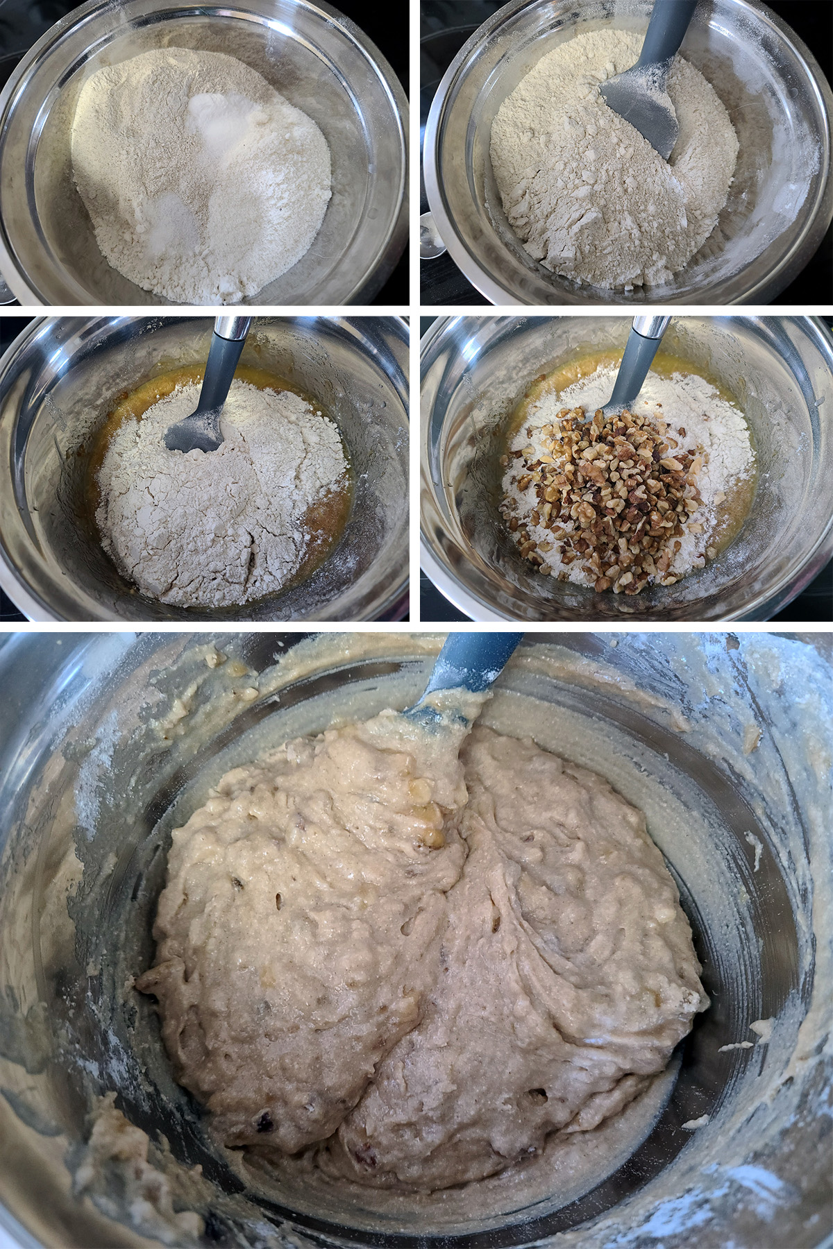 A 5 part image showing the dry ingredients being mixed and combined with the wet ingredients.
