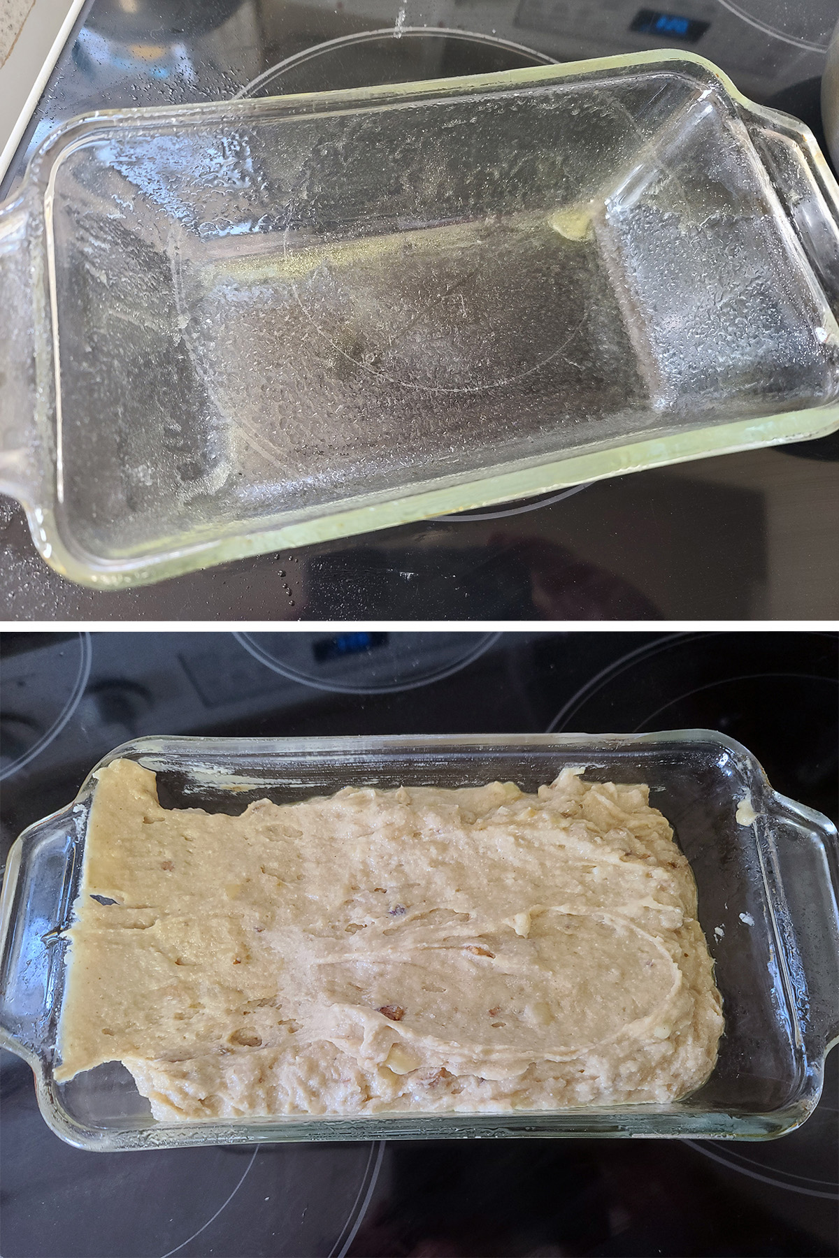 A 2 part image showing the prepared loaf pan, and the same loaf pan filled with banana bread batter.