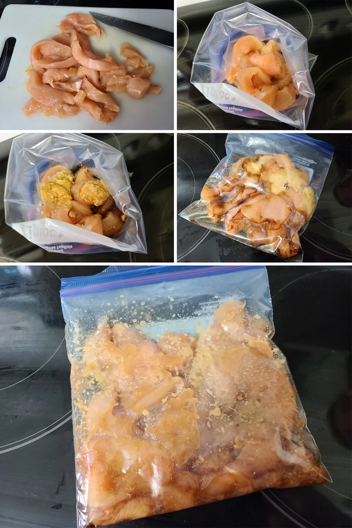 A 5 part image showing chicken being marinated in a baggie.