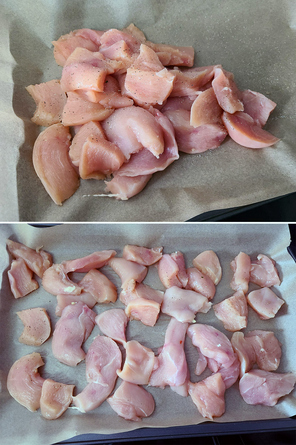 A 2 part image showing chicken breast chunks seasoned with salt and pepper, and spread on a pan.
