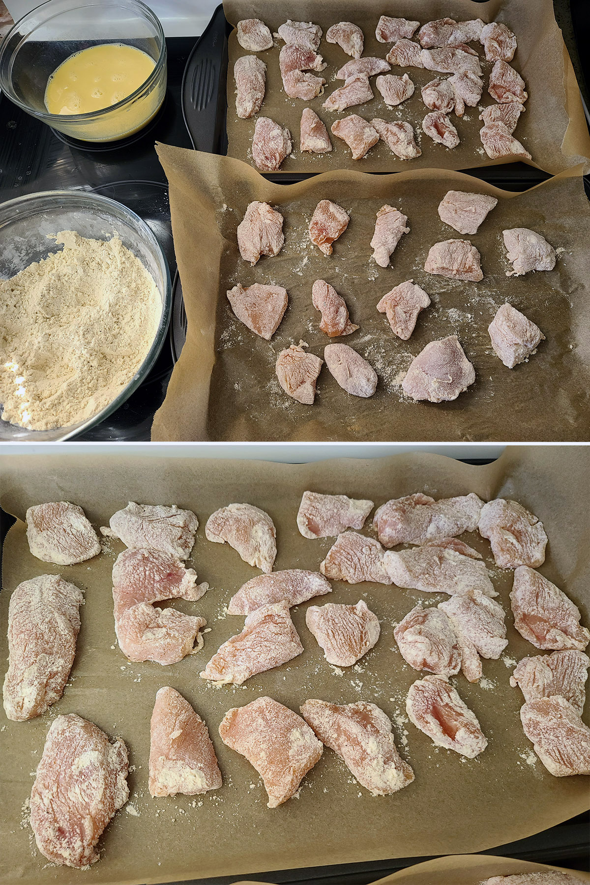 A 2 part image showing the chicken pieces dredged in dry mix.