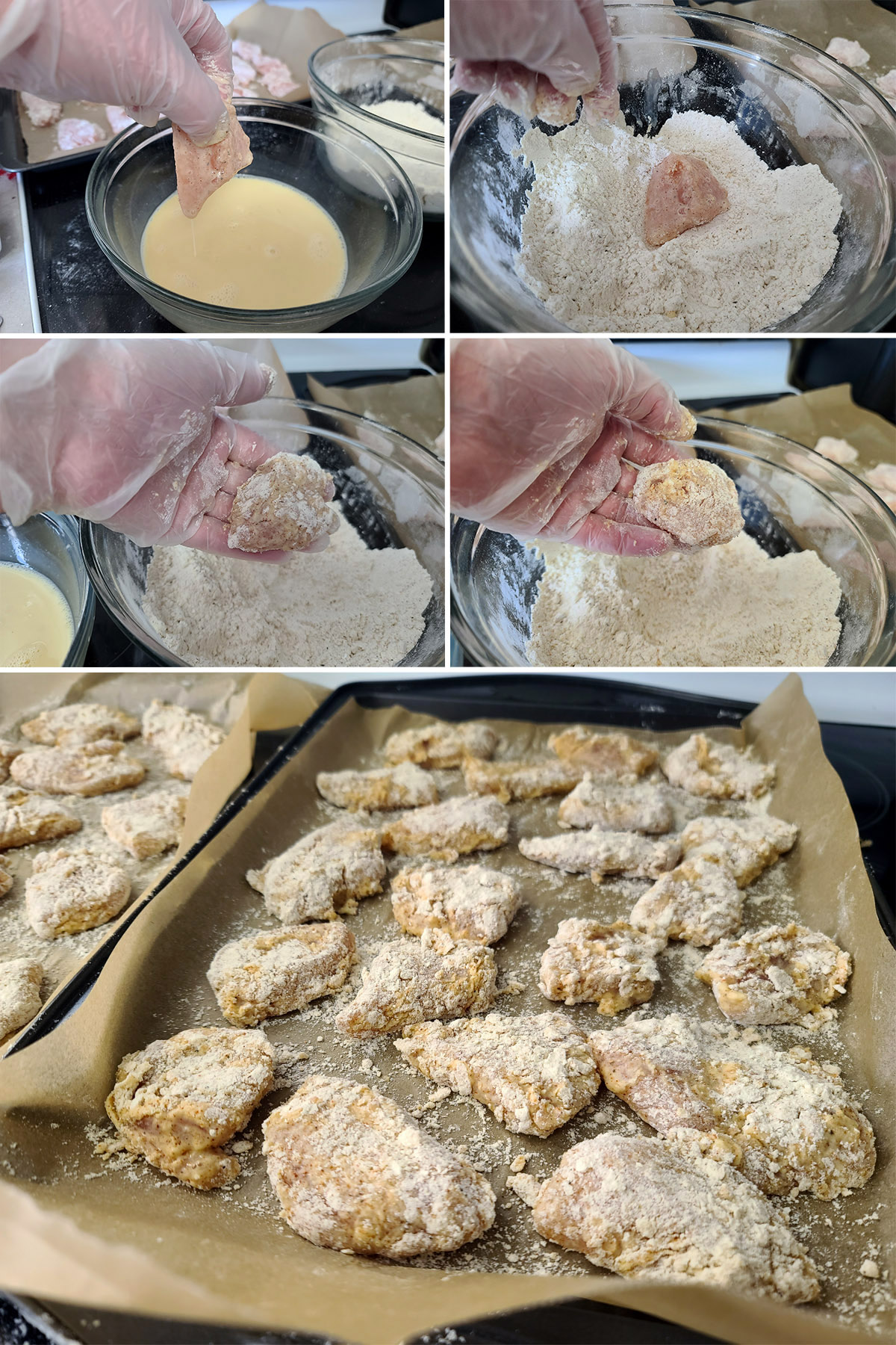 A 5 part image showing the chicken pieces being coated as described in the post.