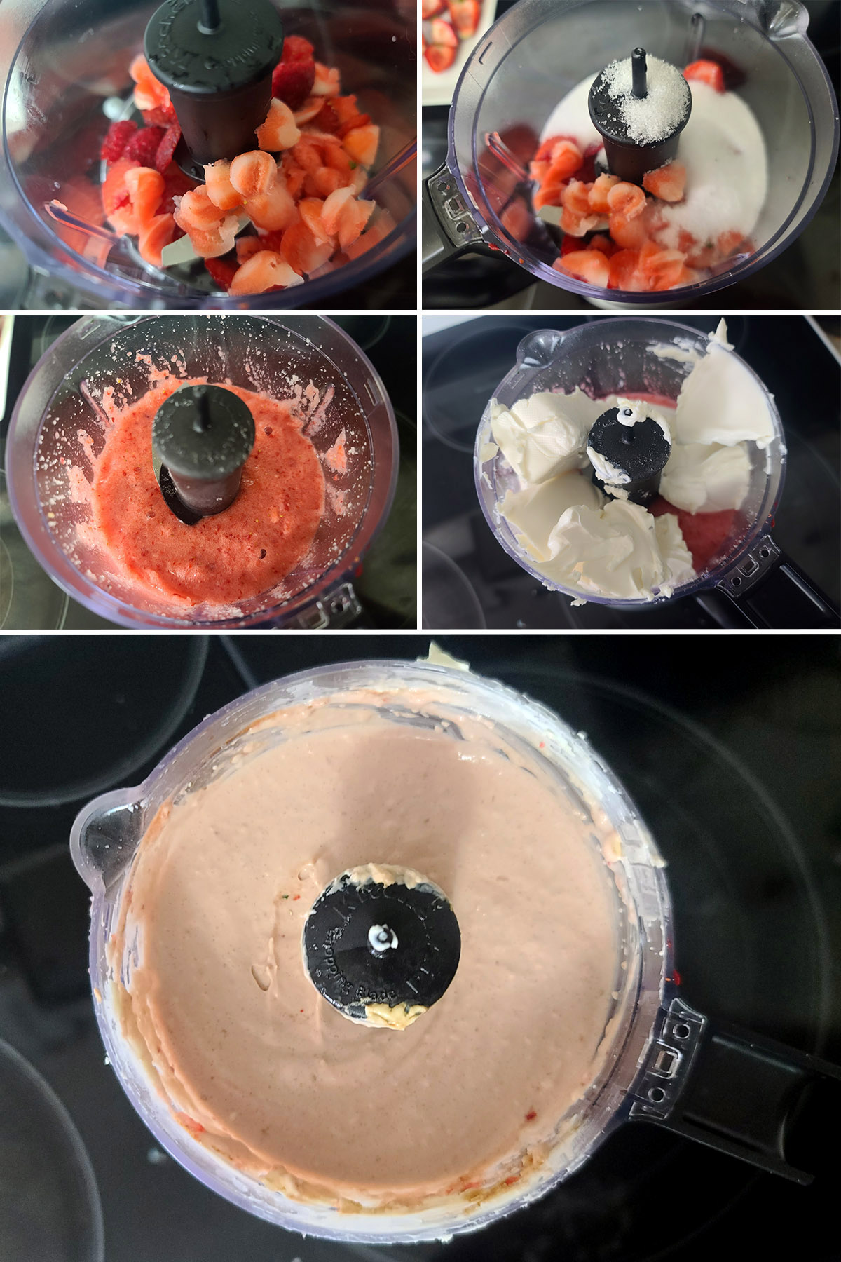 A 5 part image showing the strawberries, sugar, cream cheese, and balsamic vinegar being blended together.