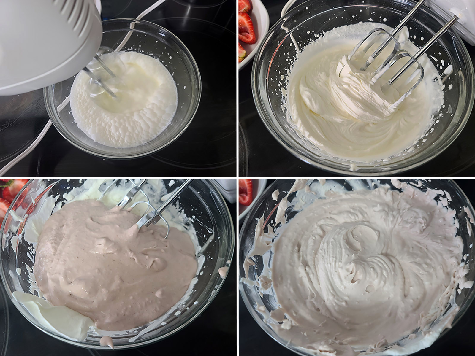 A 4 part image showing whipping cream being whipped and blended with the cream cheese mixture.