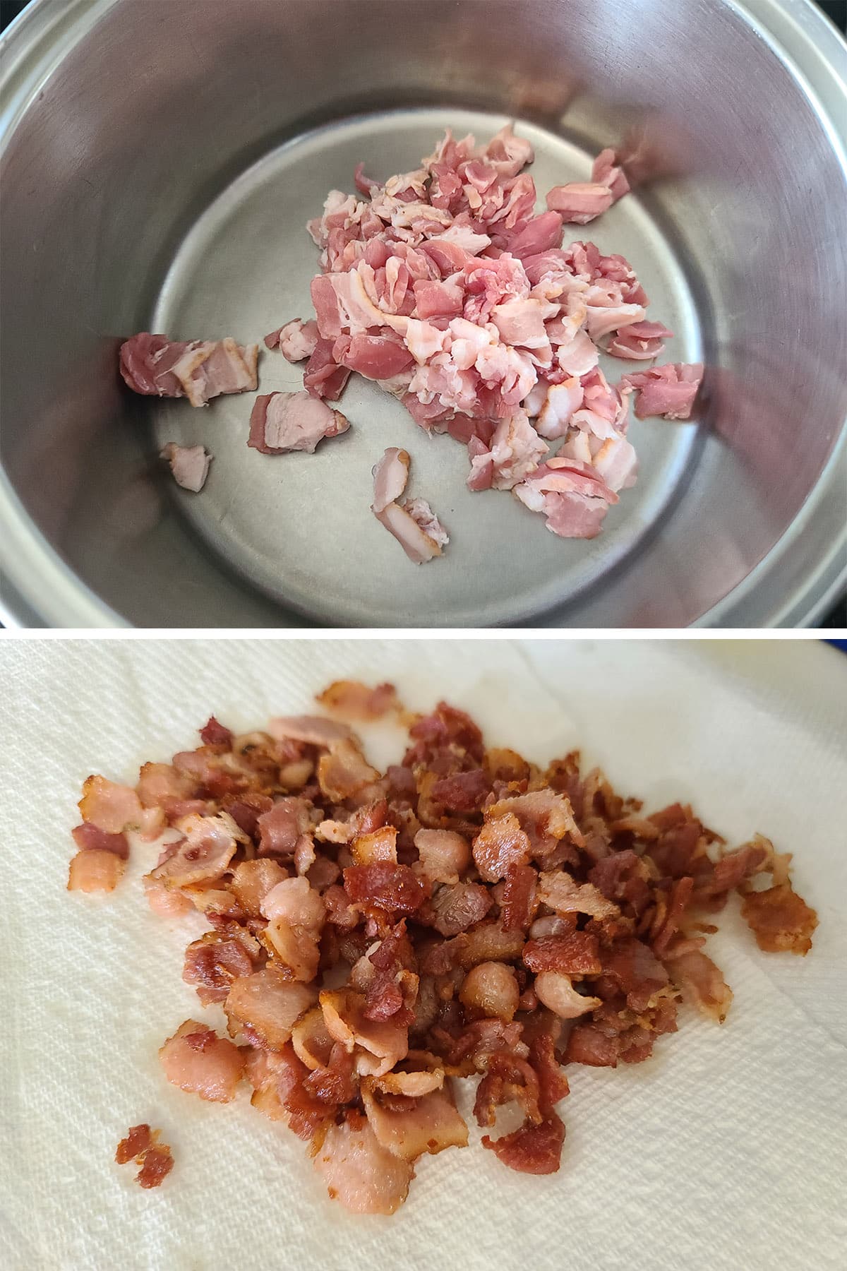 A 2 part image showing chopped raw bacon in a pan, and the cooked bacon on paper towel.