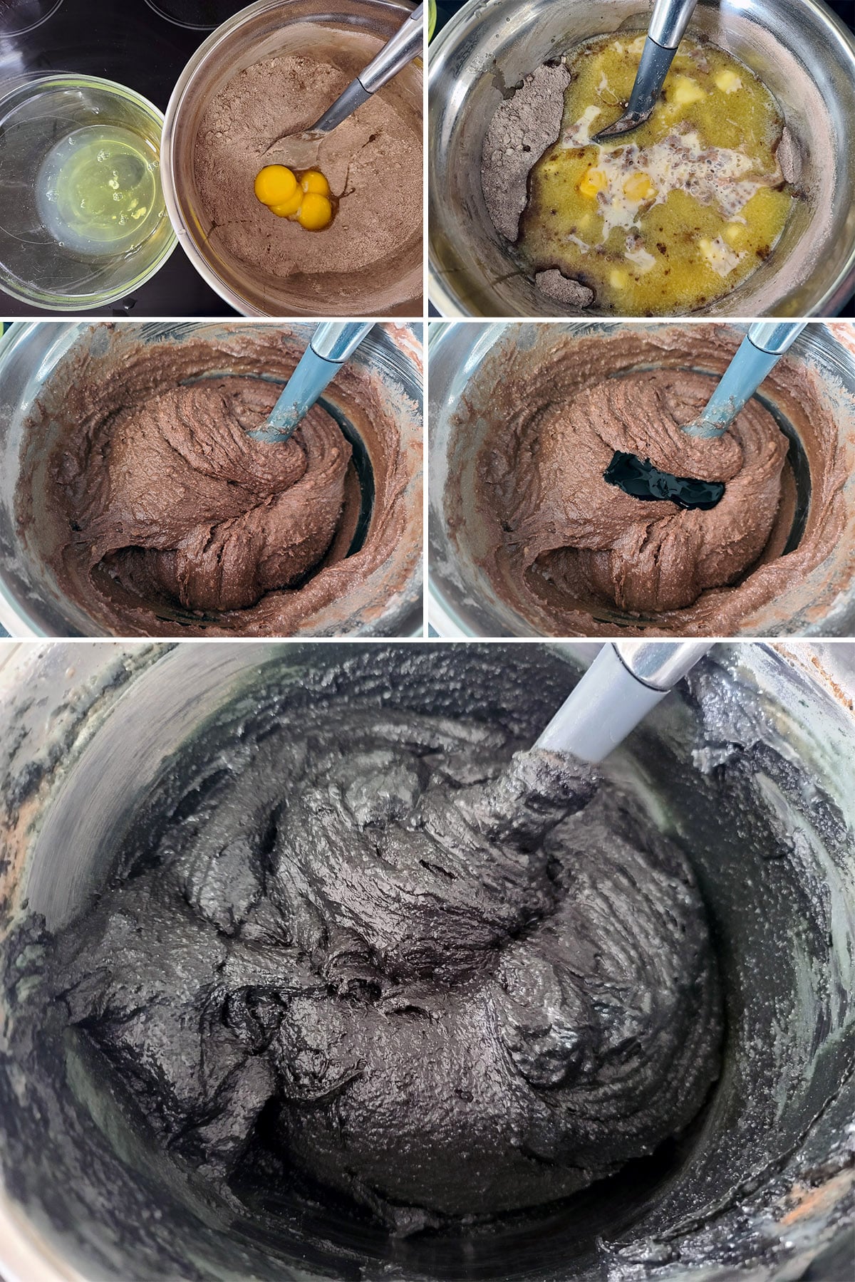 A 5 part image showing the wet ingredients being added to the dry ingredients and dyed black.