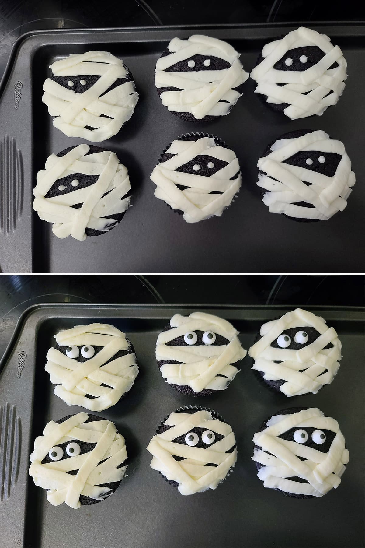 A 2 part image showing gluten free halloween cupcakes, mummy style, with candy eyes being added.