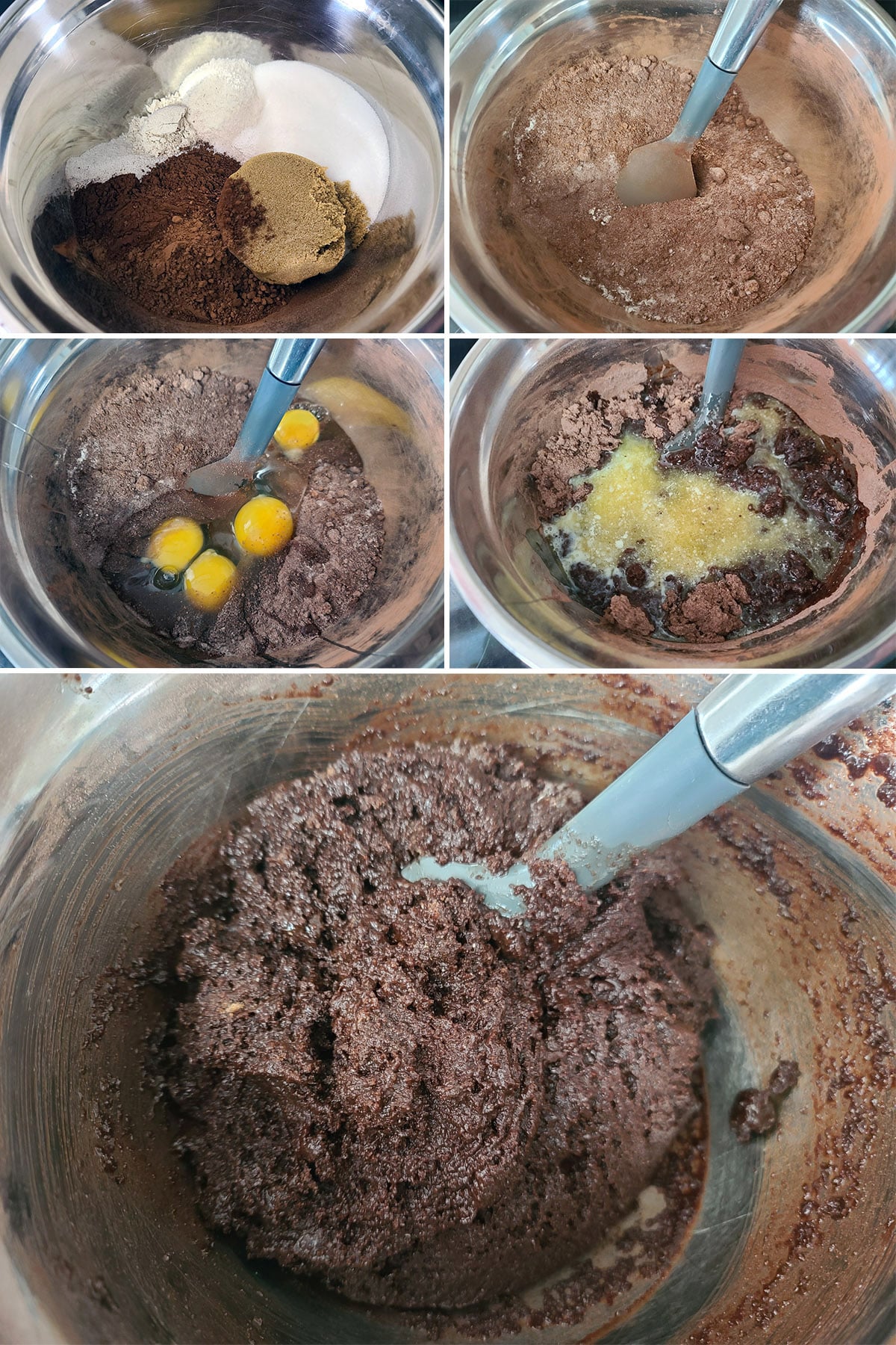 A 5 part image showing the brownie batter being mixed.