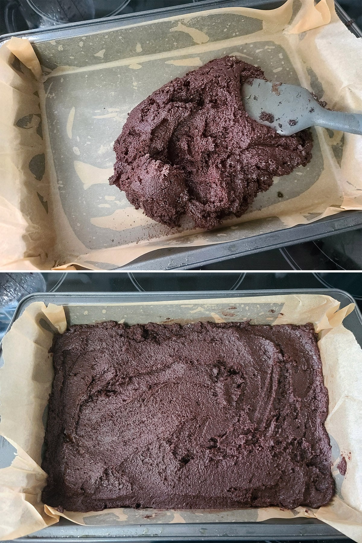 A 2 part image showing the gluten free brownie batter being spread in a pan lined with parchment paper.