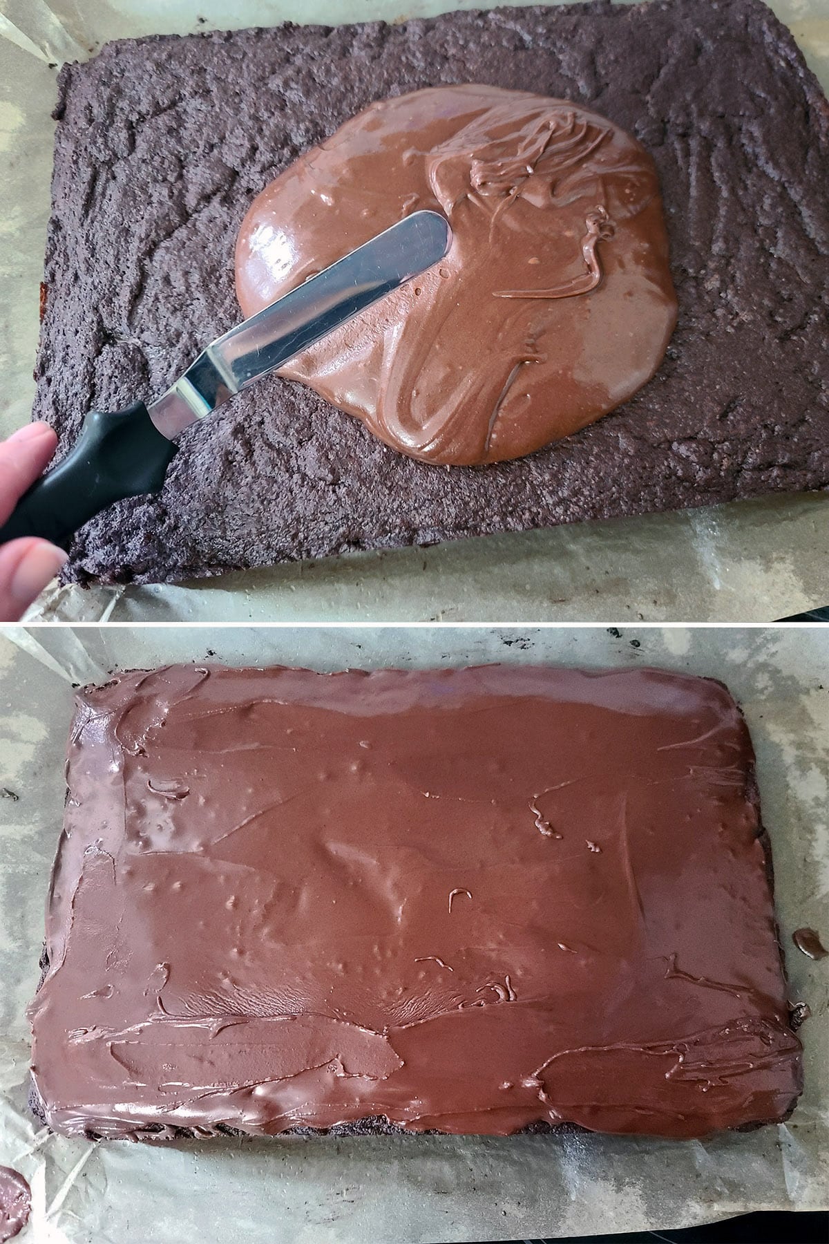 A 2 part image showing the warm glaze being spread on the slab of brownie.