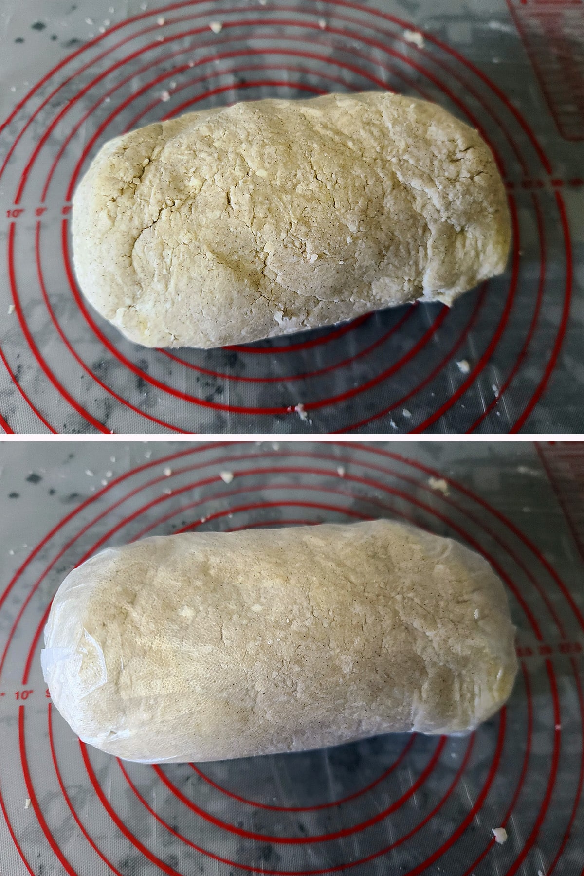 A lump of gluten-free dough, before and after being wrapped in plastic wrap.