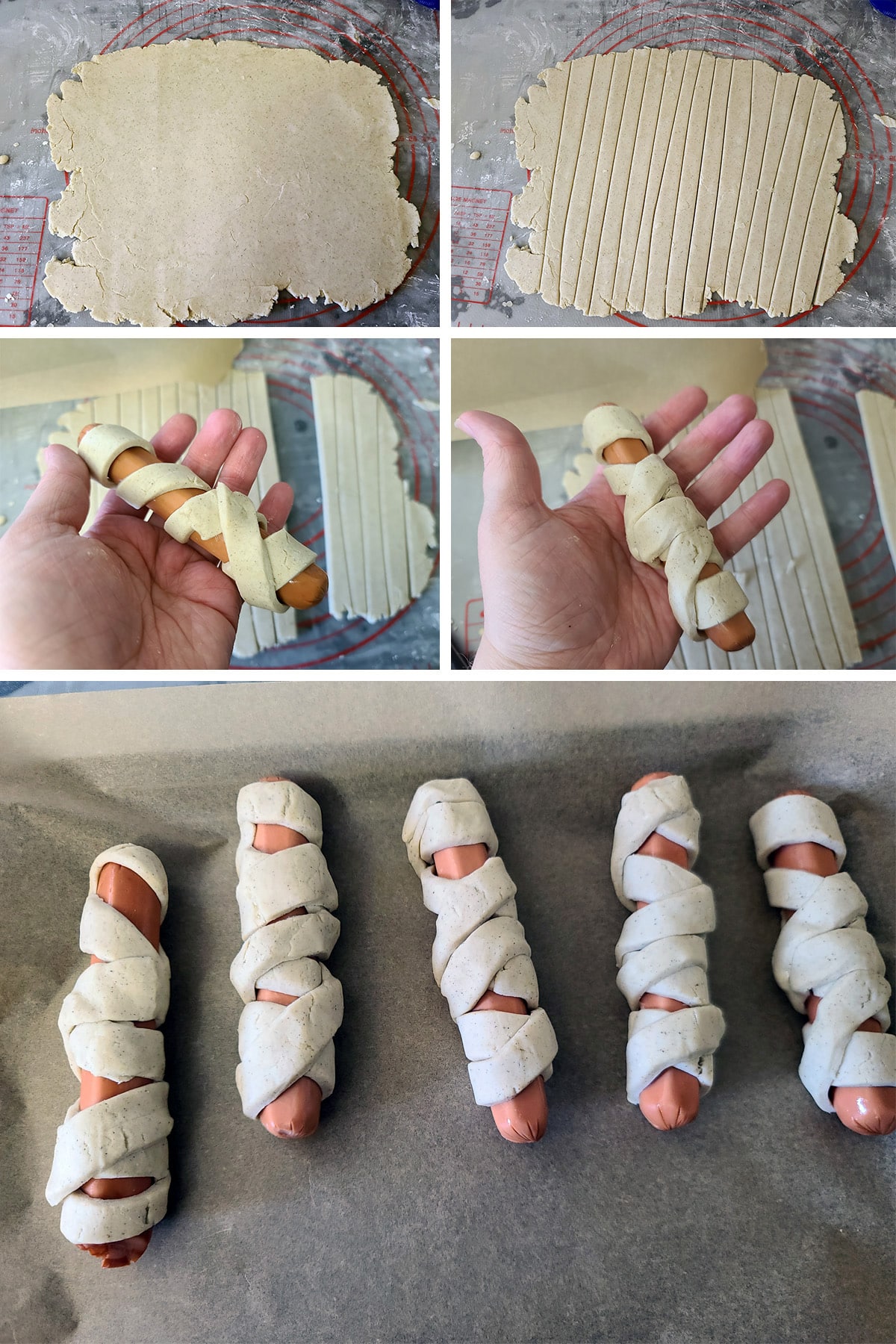 A 5 part image showing the dough being rolled out, cut in strips, and wrapped around weiners. 