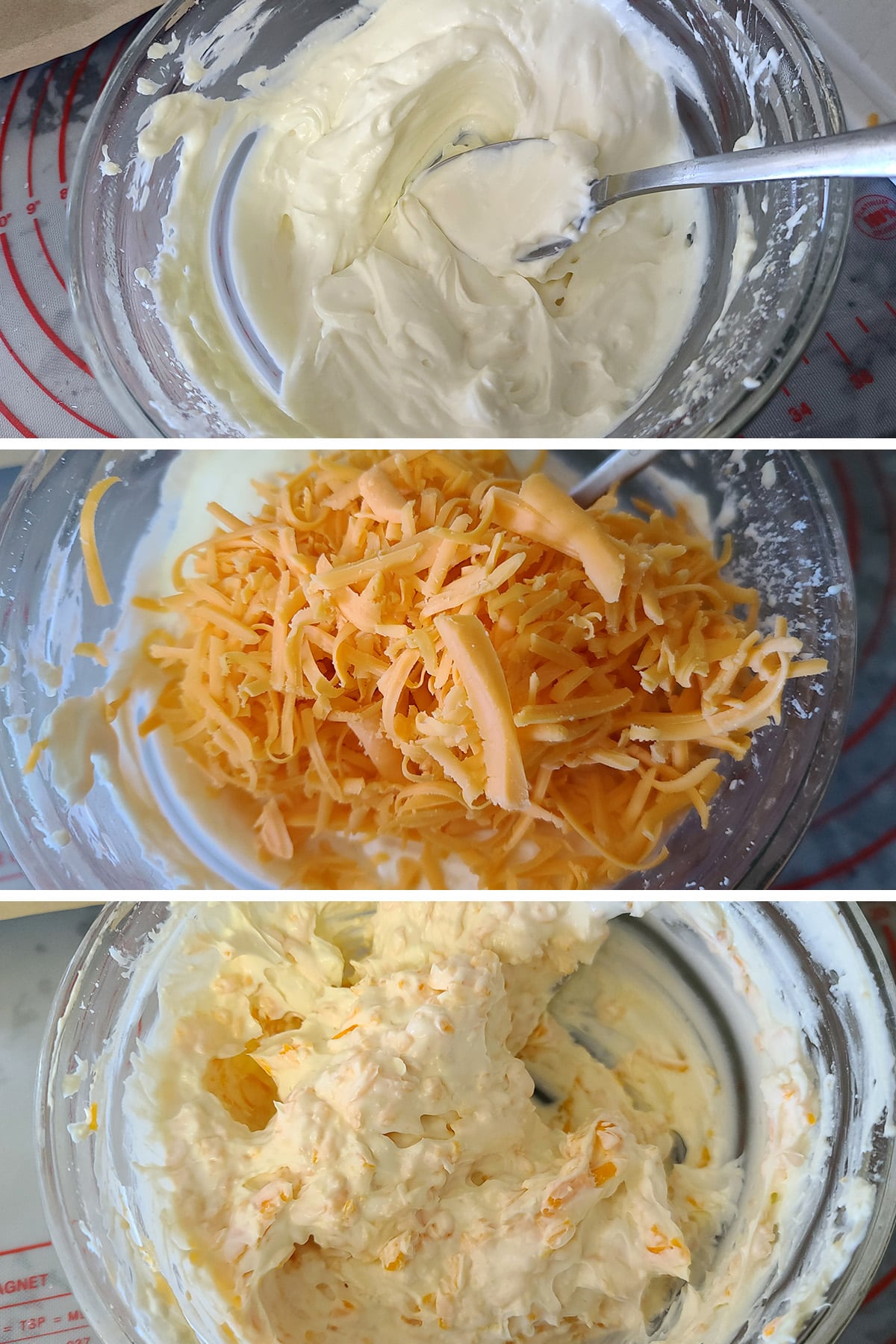 A 3 part image showing the cream cheese and shredded cheddar being mixed into jalapeno popper filling.