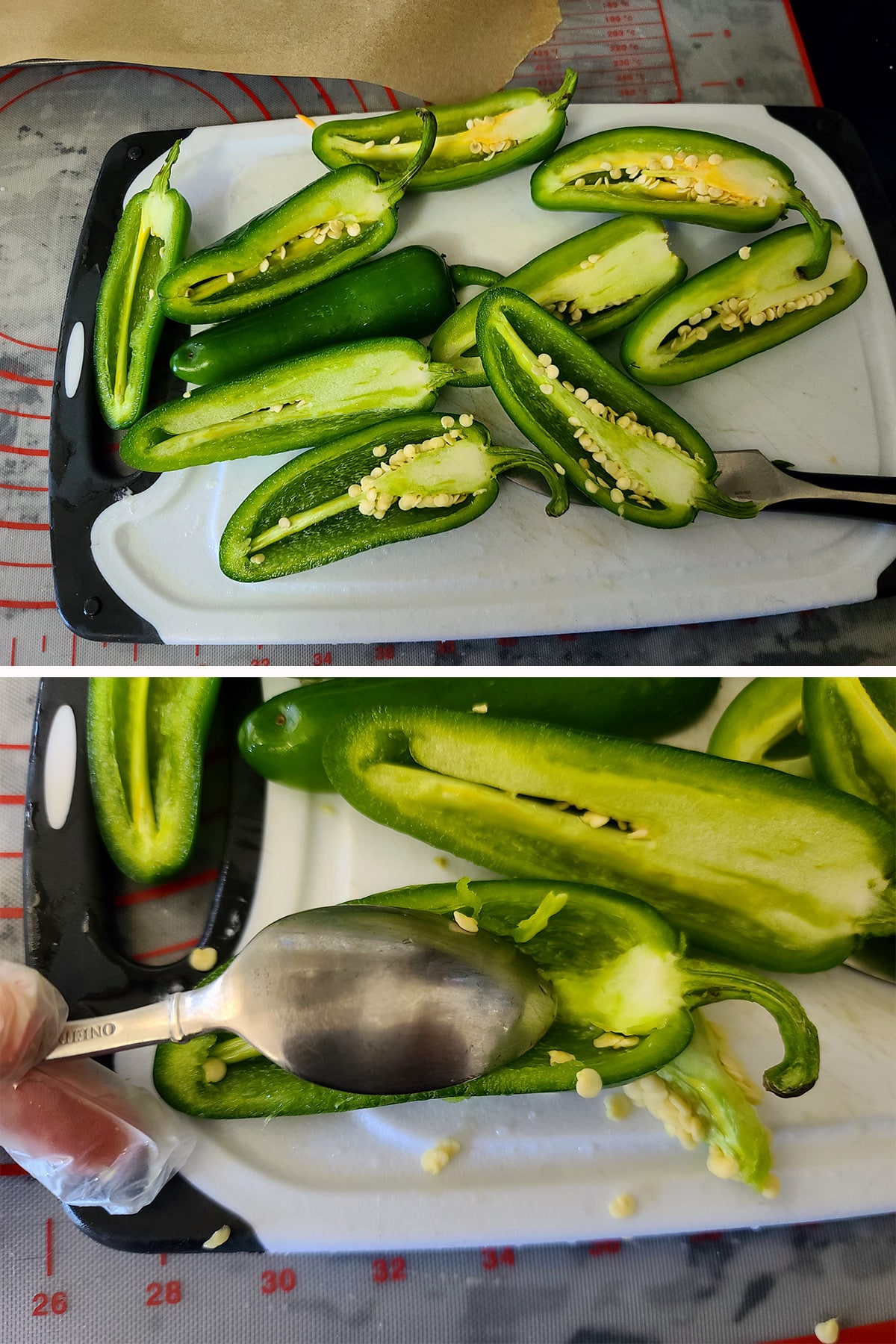 A 2 part image showing the jalapenos being cut in half and scooped out.