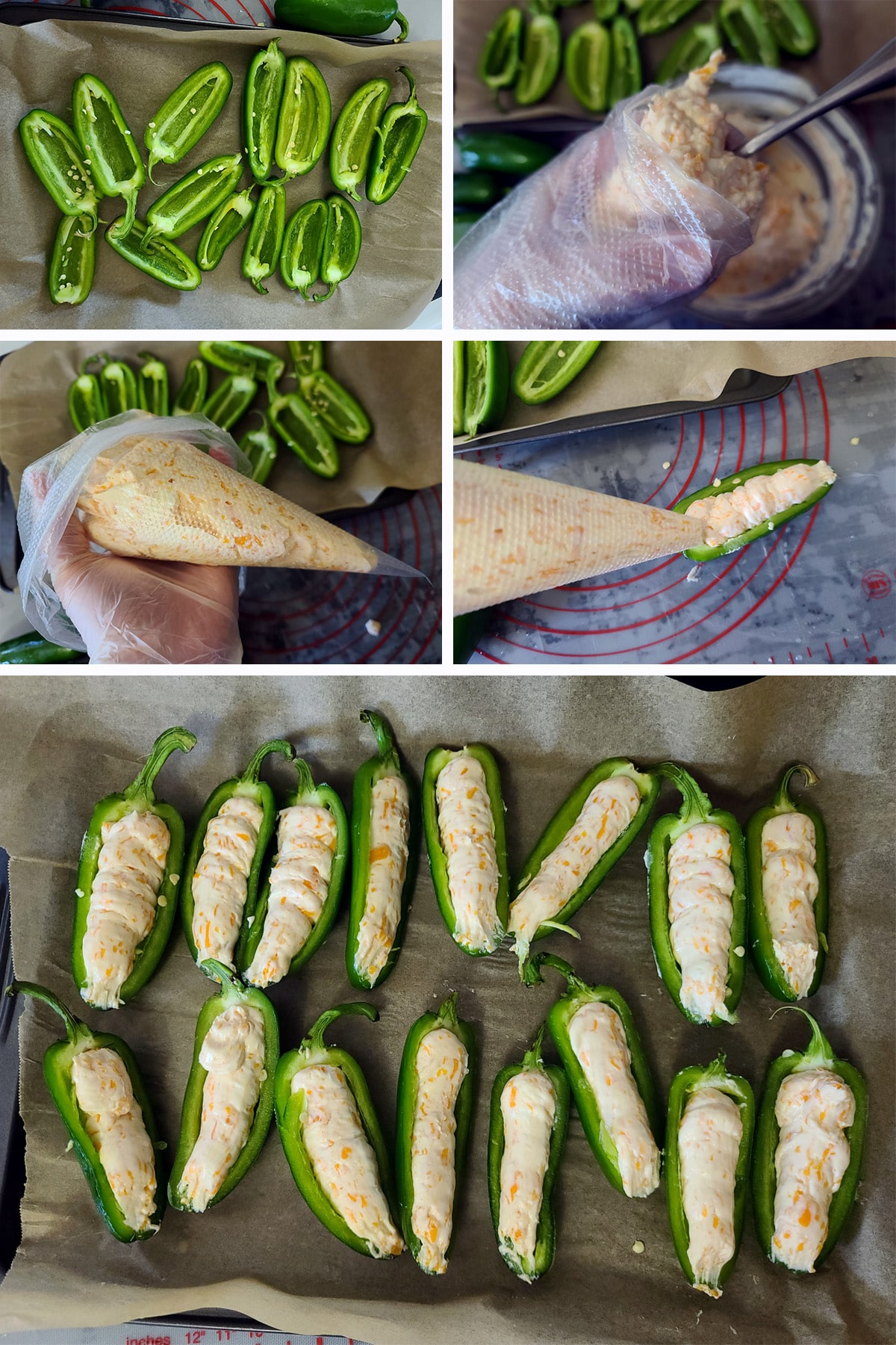 A 5 part image showing the popper filling being piped into halved jalapenos.