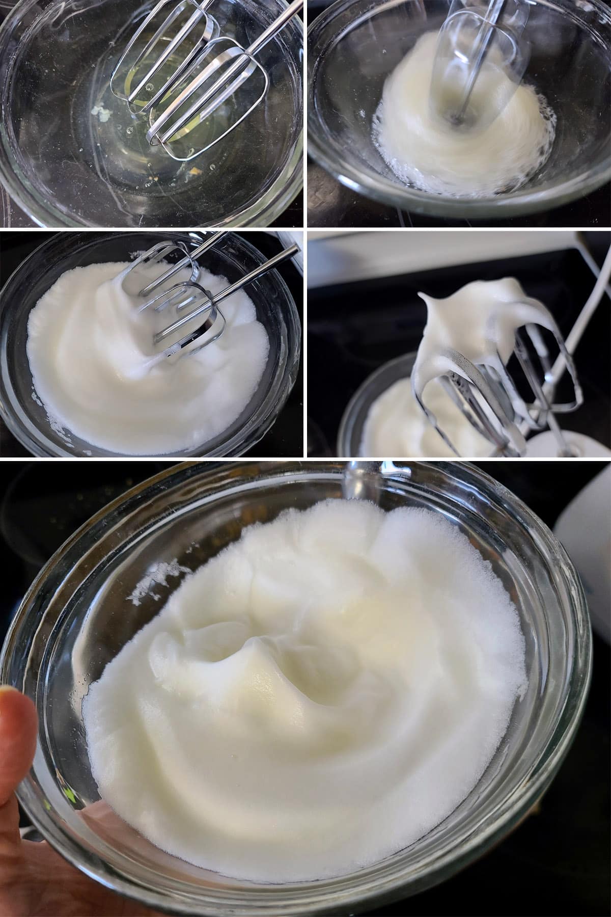 A 5 part image showing the egg whites being whipped to foamy and then stiff peaks.