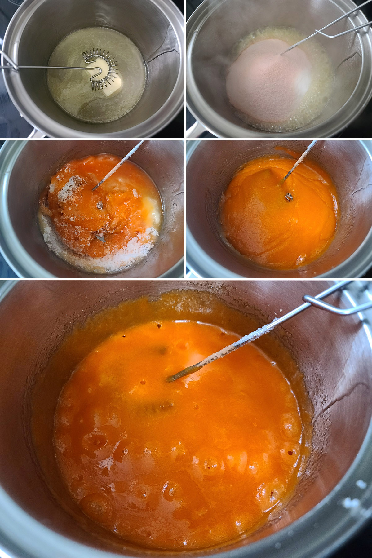 A 5 part image showing the ingredients for the orange glaze mixed together and simmering.