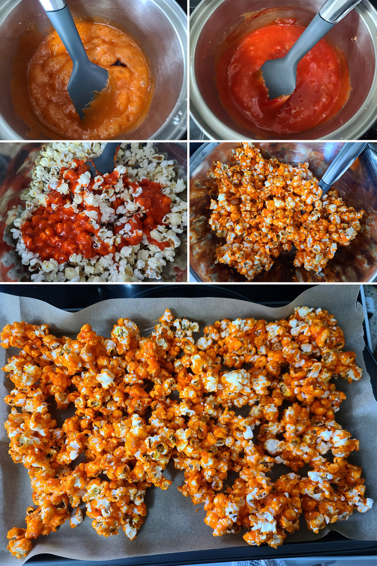 A 5 part image showing the orange glaze being dyed darker, then poured over the popcorn and mixed.
