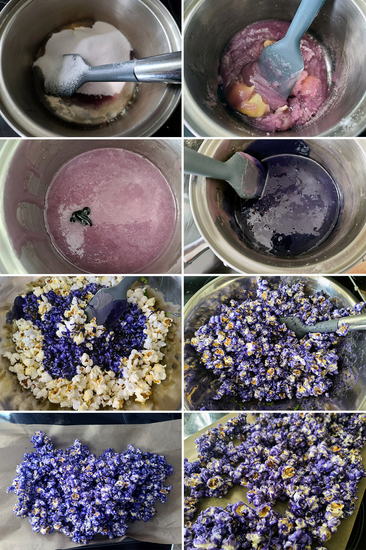 An 9 part image showing the purple glaze being made, poured over the popcorn, and mixed.
