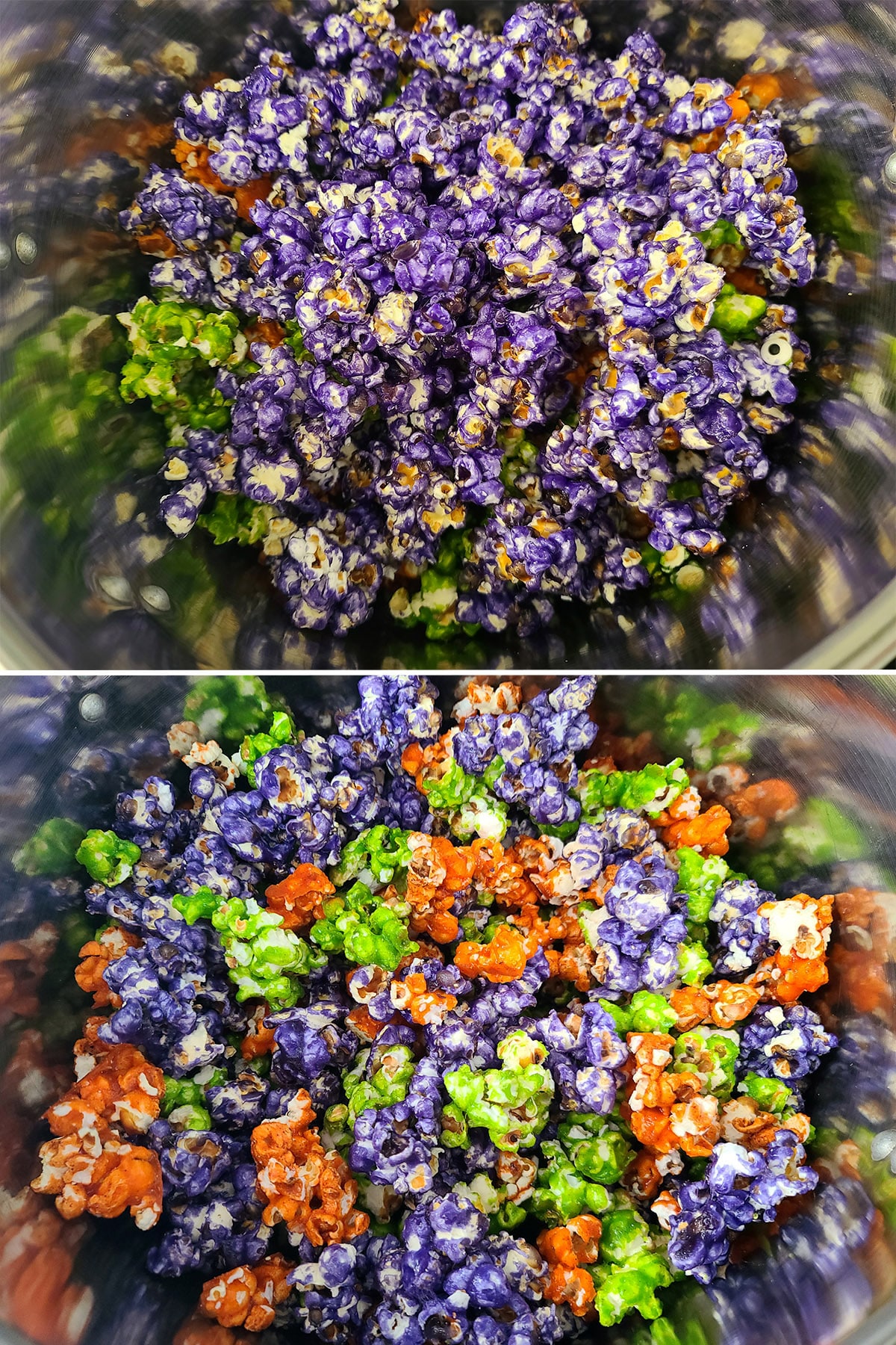 A 2 part image showing a large pot of the glazed popcorns, before and after being mixed together.