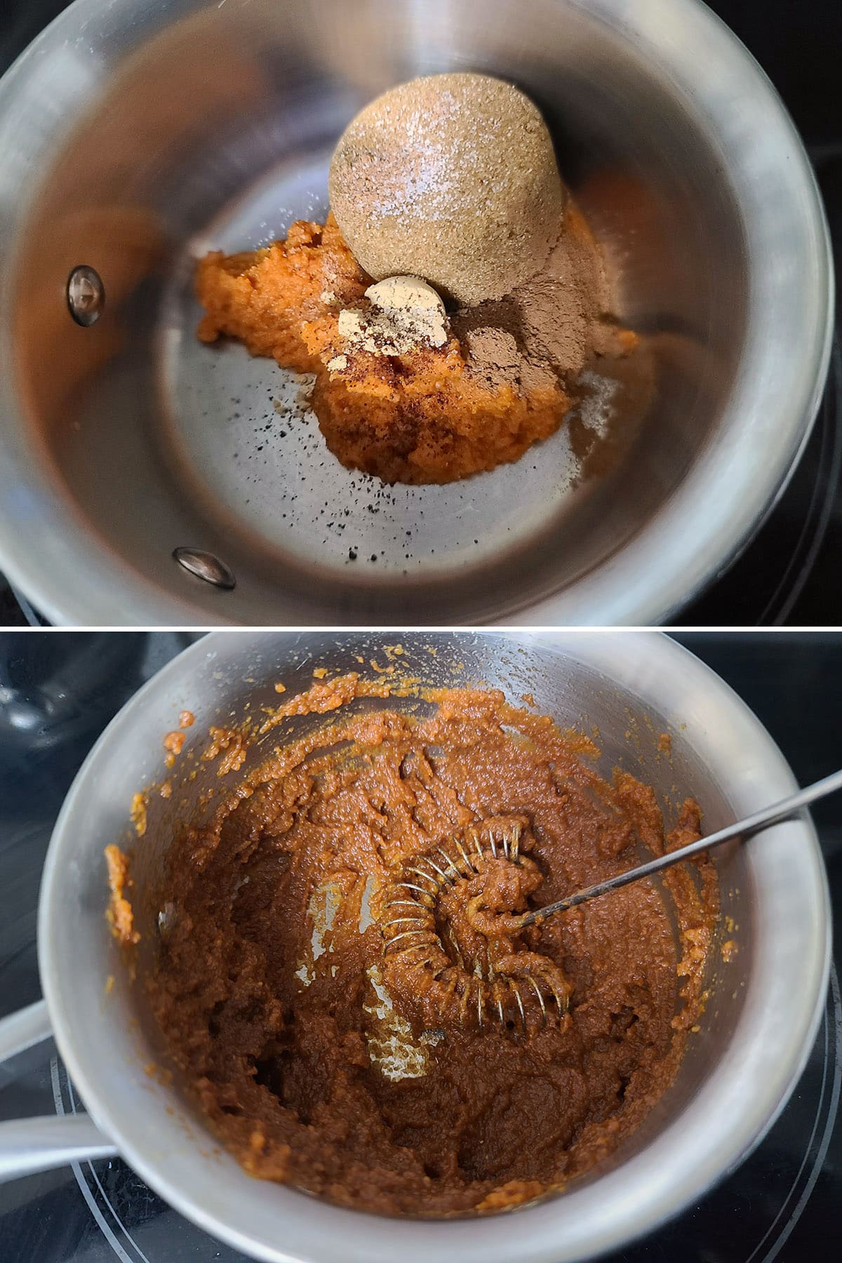 A 2 part image showing pumpkin, brown sugar, and spices being whisked together in a small pot.