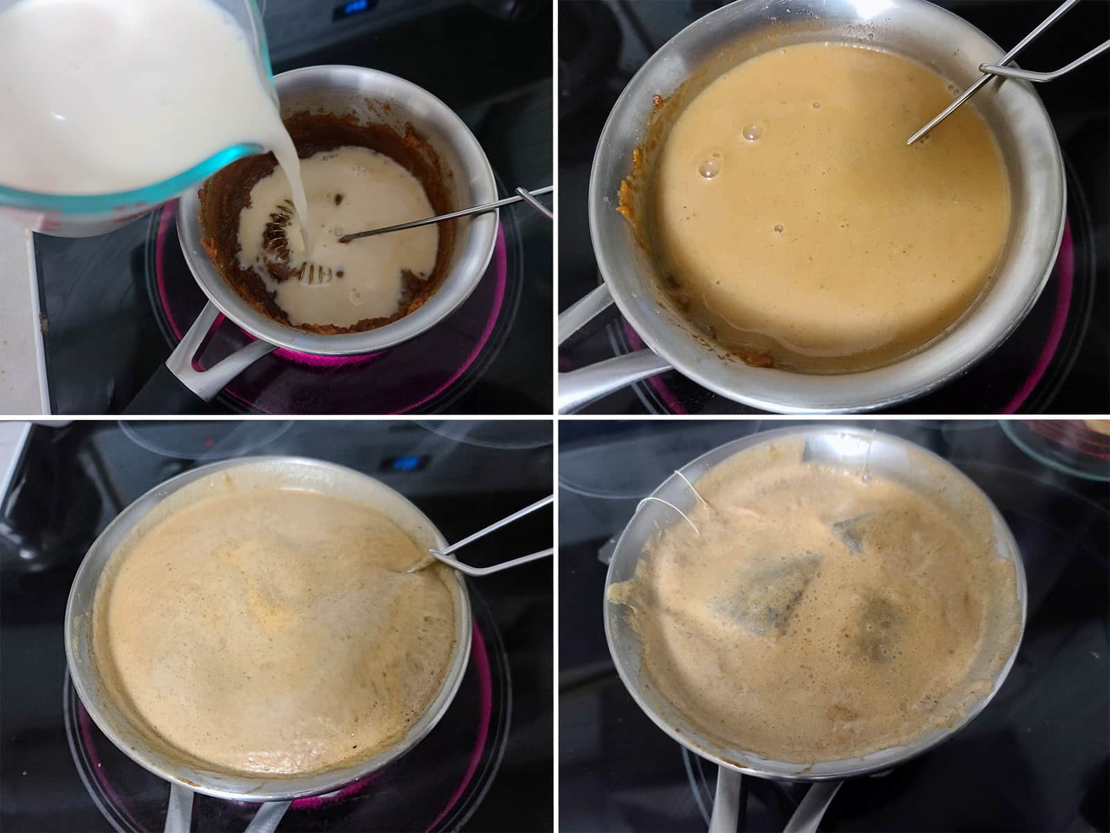 A 4 part image showing almond milk and tea bags being added to the small pot.